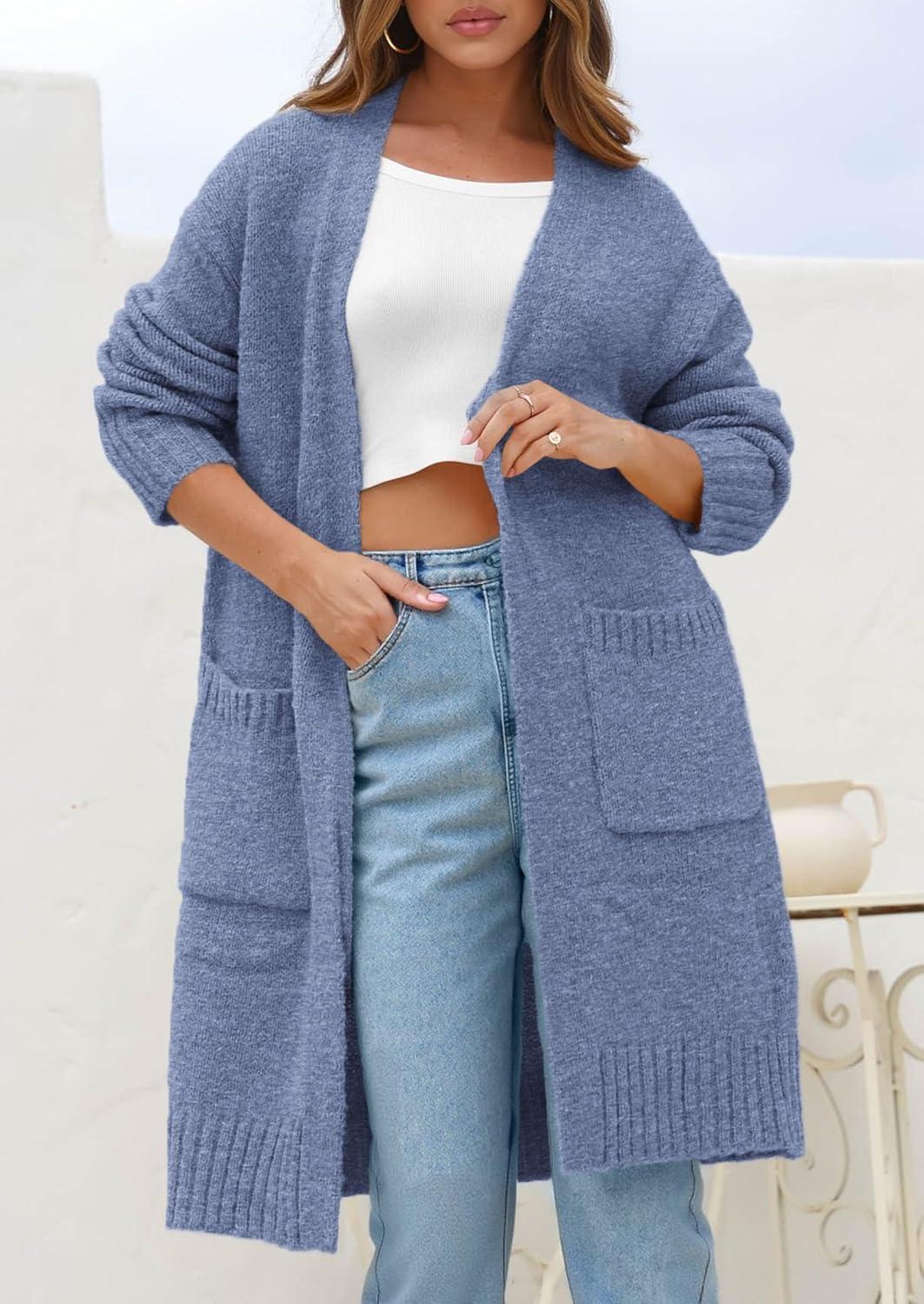 imagePRETTYGARDEN Fall Long Sleeve Cardigan Sweaters for Women 2025 Trendy Winter Open Front Loose Knitted Cardigans with PocketsGrey Blue
