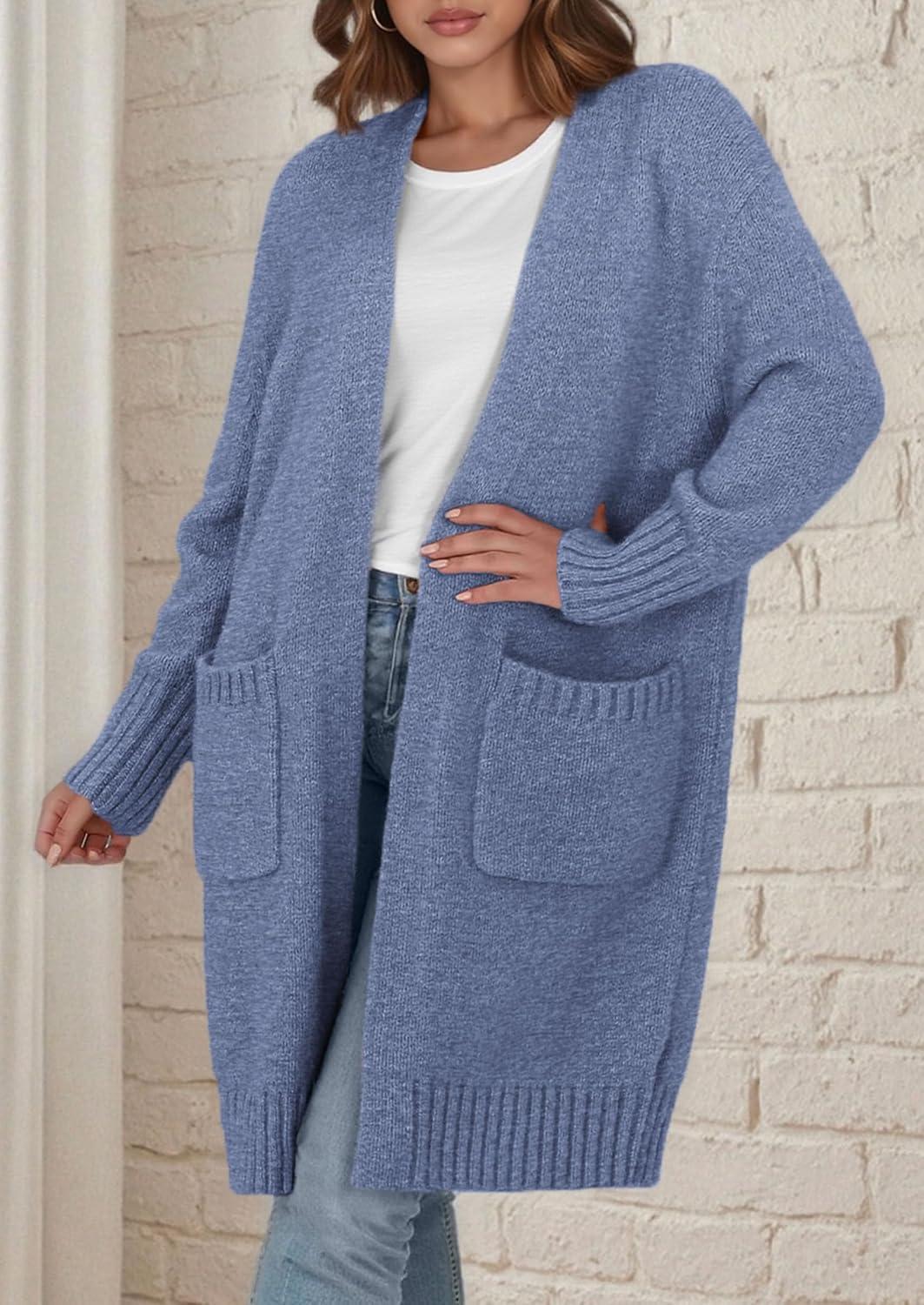 imagePRETTYGARDEN Fall Long Sleeve Cardigan Sweaters for Women 2025 Trendy Winter Open Front Loose Knitted Cardigans with PocketsGrey Blue