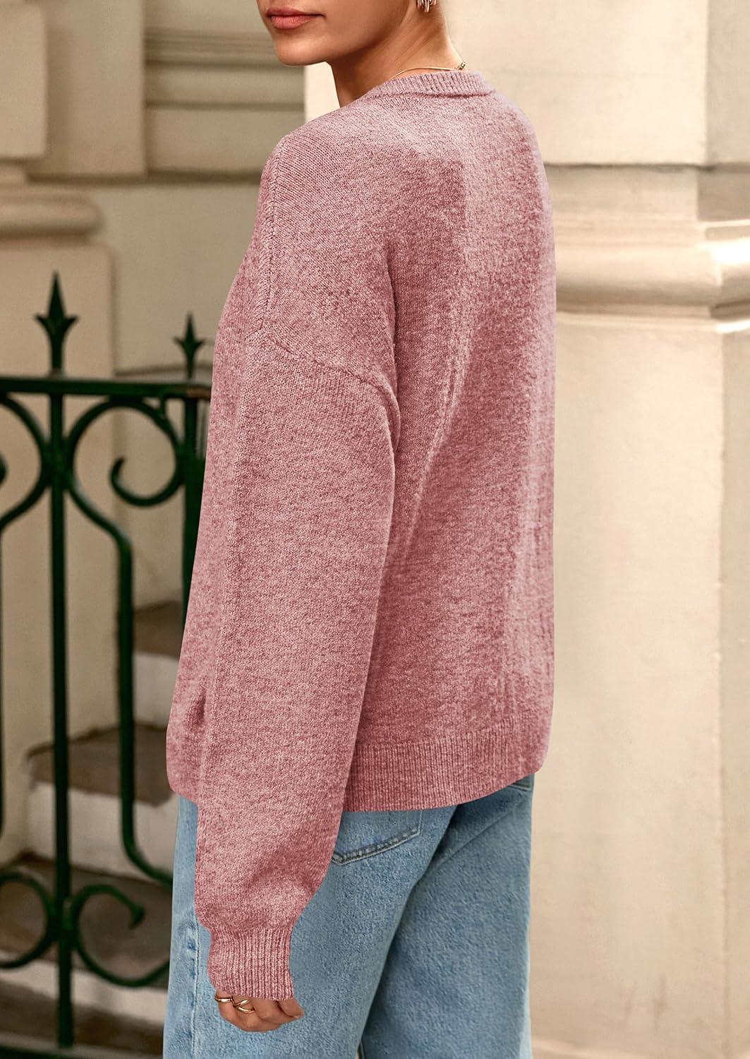 imagePRETTYGARDEN Fall Long Sleeve Cardigans for Women Trendy 2025 Lightweight Button Down Crewneck Loose Knit Sweater ClothesGrey Pink