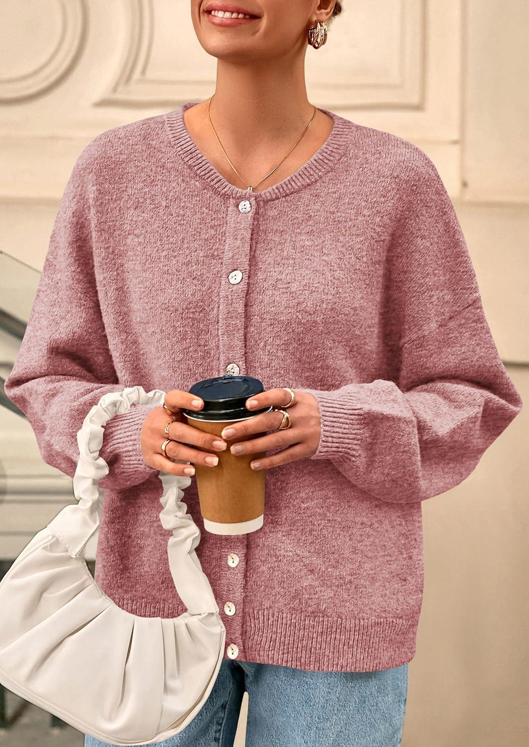 imagePRETTYGARDEN Fall Long Sleeve Cardigans for Women Trendy 2025 Lightweight Button Down Crewneck Loose Knit Sweater ClothesGrey Pink