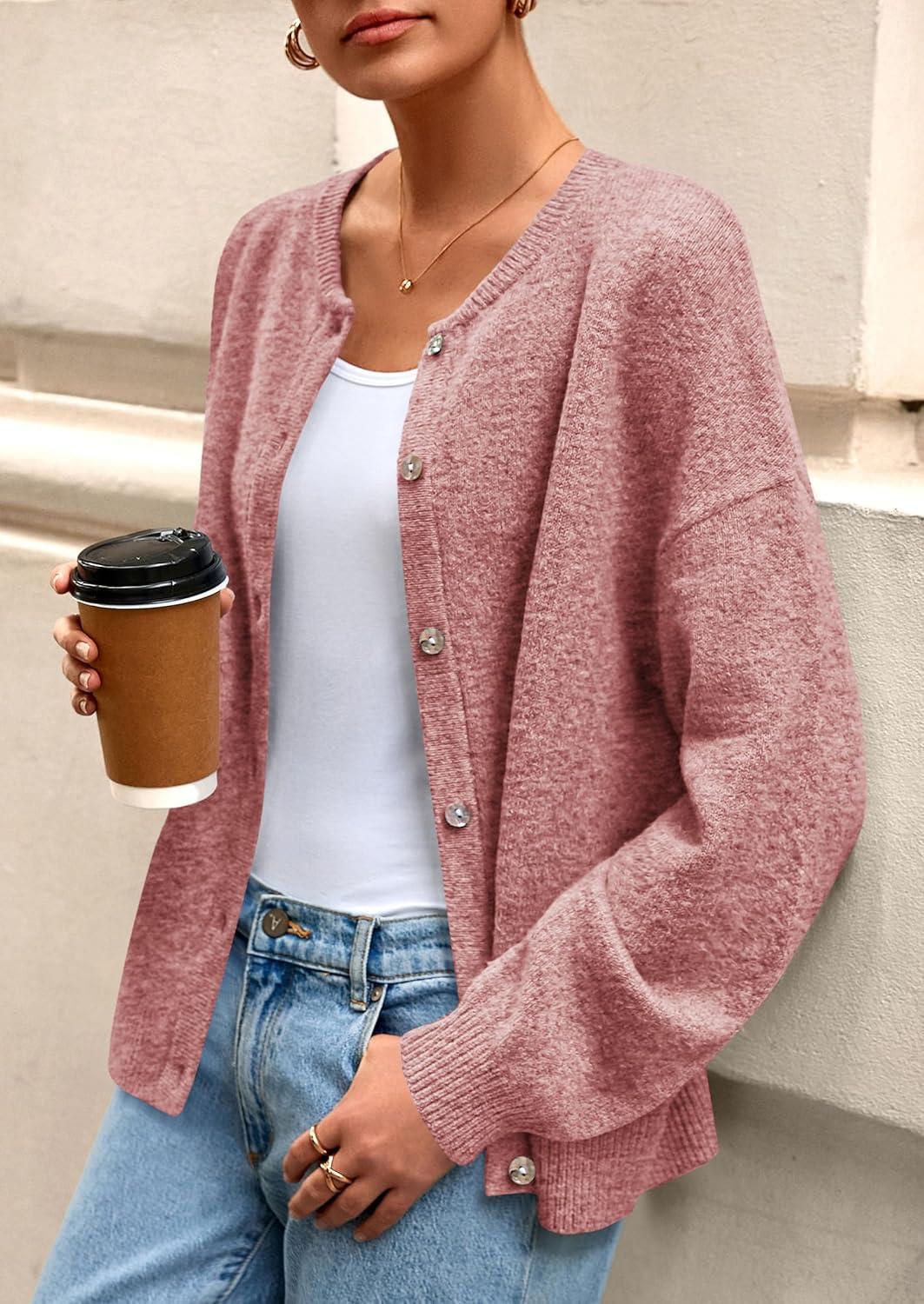 imagePRETTYGARDEN Fall Long Sleeve Cardigans for Women Trendy 2025 Lightweight Button Down Crewneck Loose Knit Sweater ClothesGrey Pink