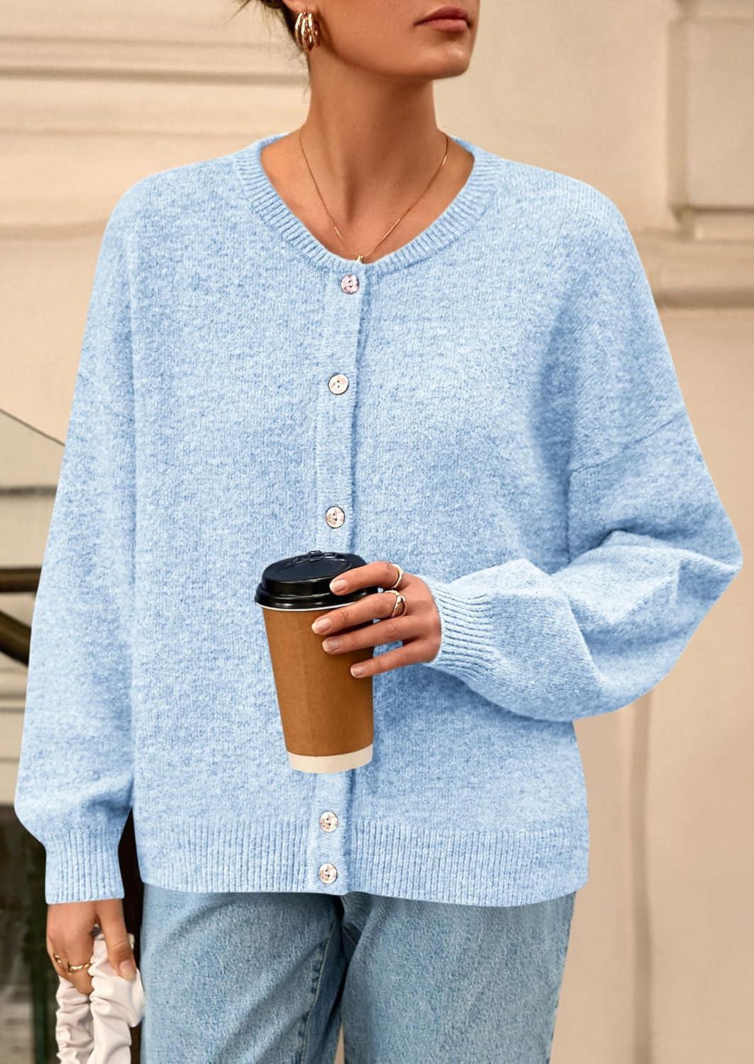 imagePRETTYGARDEN Fall Long Sleeve Cardigans for Women Trendy 2025 Lightweight Button Down Crewneck Loose Knit Sweater ClothesLight Blue
