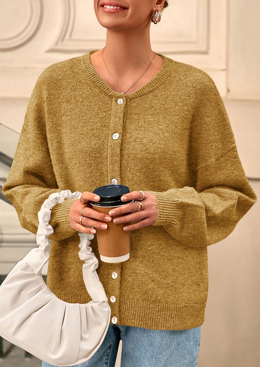 imagePRETTYGARDEN Fall Long Sleeve Cardigans for Women Trendy 2025 Lightweight Button Down Crewneck Loose Knit Sweater ClothesYellow