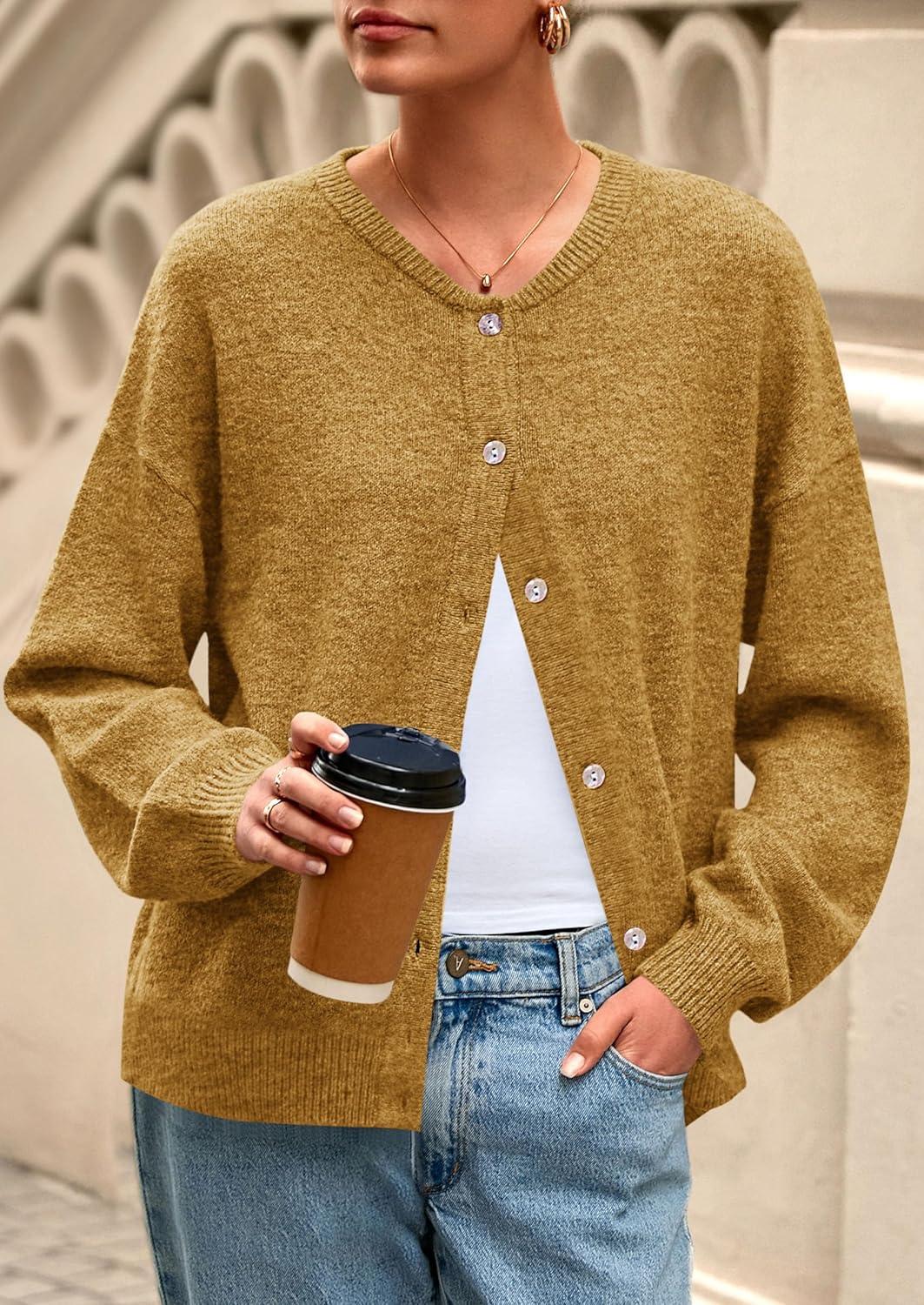 imagePRETTYGARDEN Fall Long Sleeve Cardigans for Women Trendy 2025 Lightweight Button Down Crewneck Loose Knit Sweater ClothesYellow