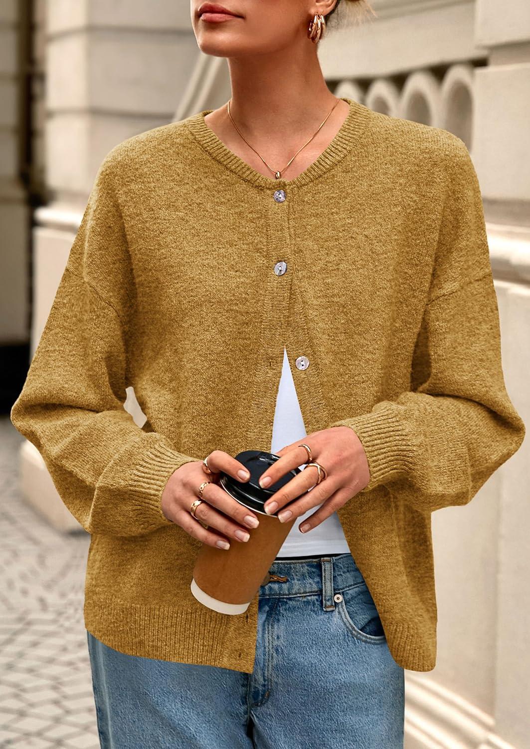 imagePRETTYGARDEN Fall Long Sleeve Cardigans for Women Trendy 2025 Lightweight Button Down Crewneck Loose Knit Sweater ClothesYellow