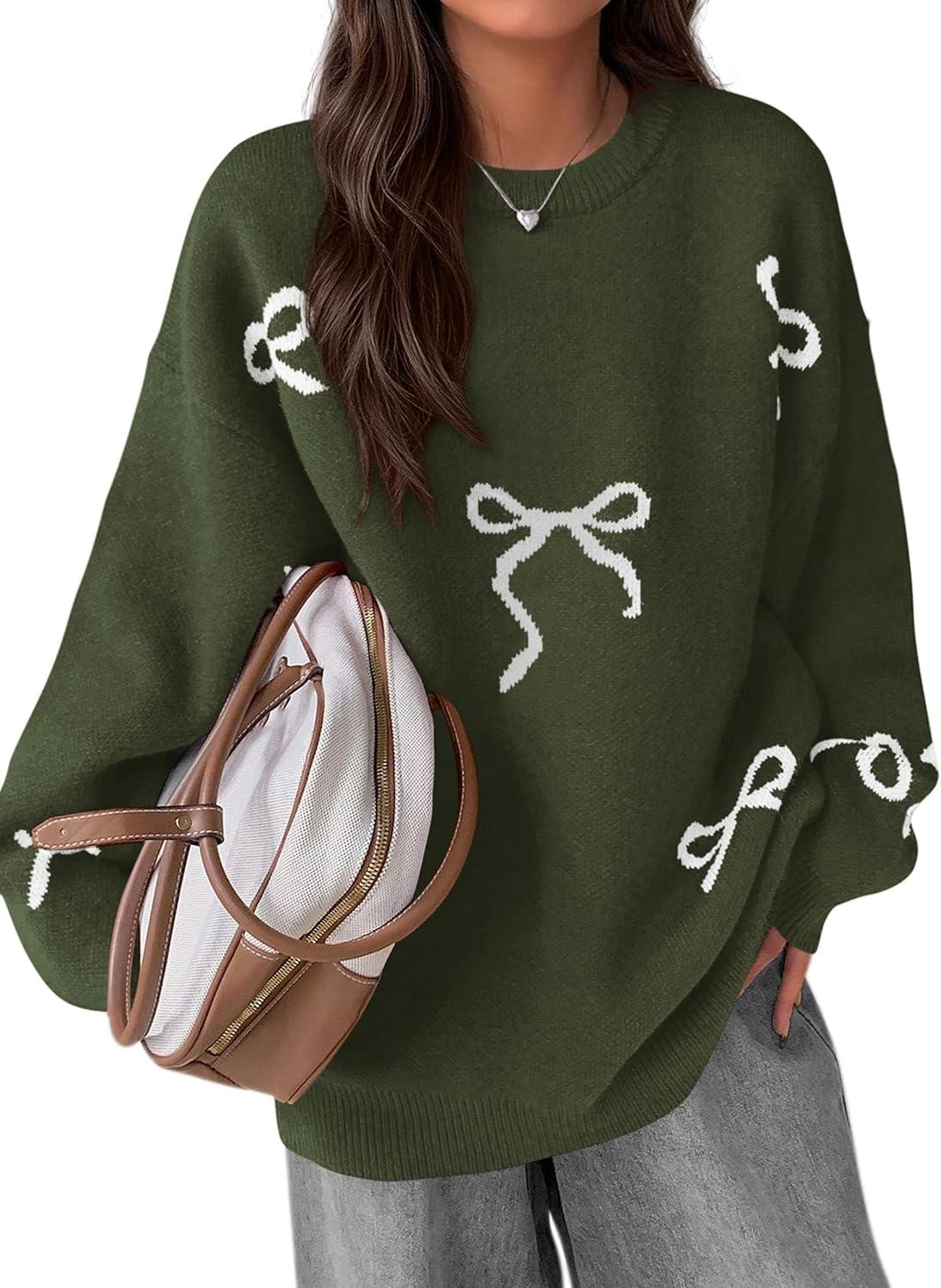 imagePRETTYGARDEN Fall Long Sleeve Pullover Sweaters for Women 2025 Trendy Crewneck Casual Cute Bow Chunky Knit Oversized SweaterArmy Green