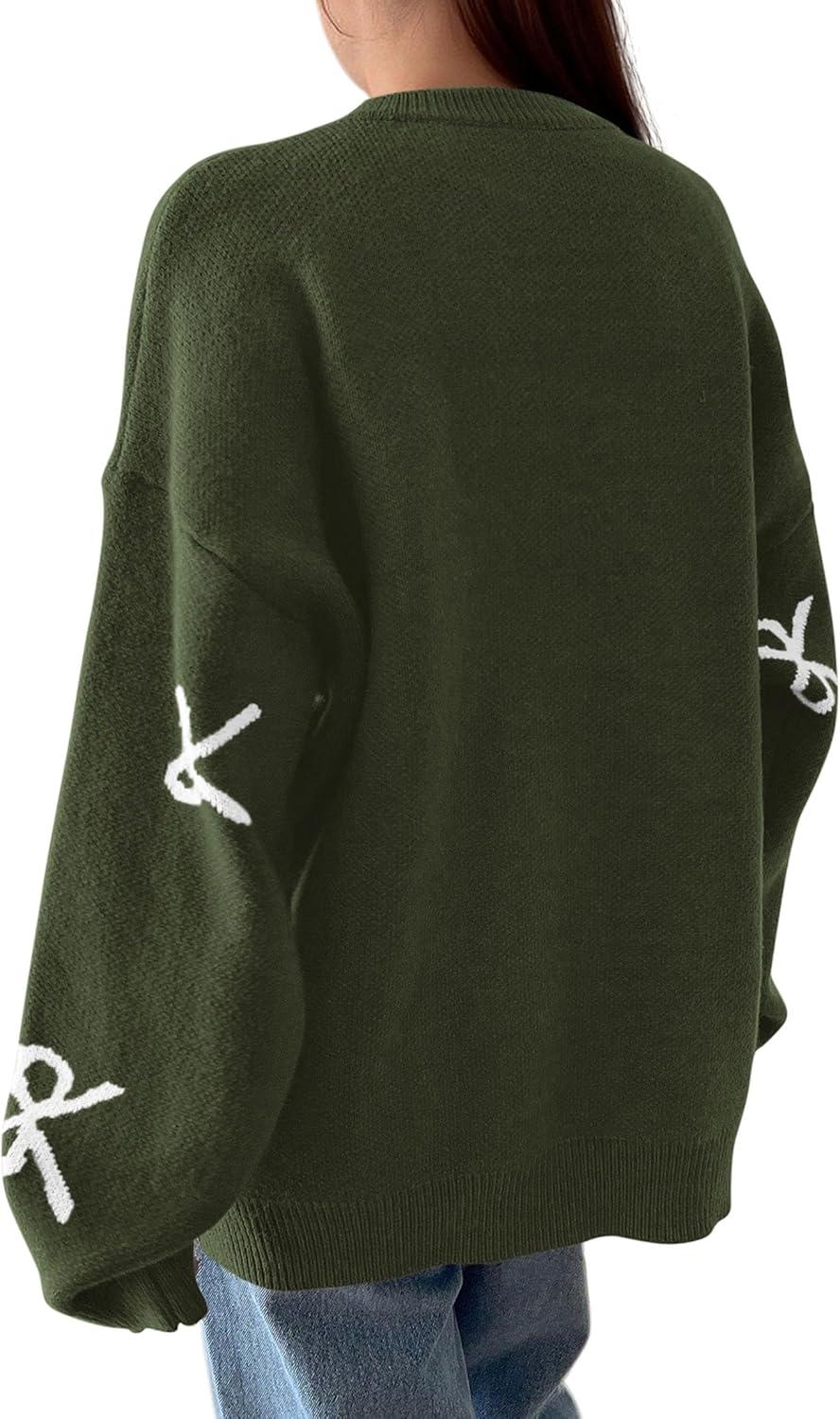 imagePRETTYGARDEN Fall Long Sleeve Pullover Sweaters for Women 2025 Trendy Crewneck Casual Cute Bow Chunky Knit Oversized SweaterArmy Green