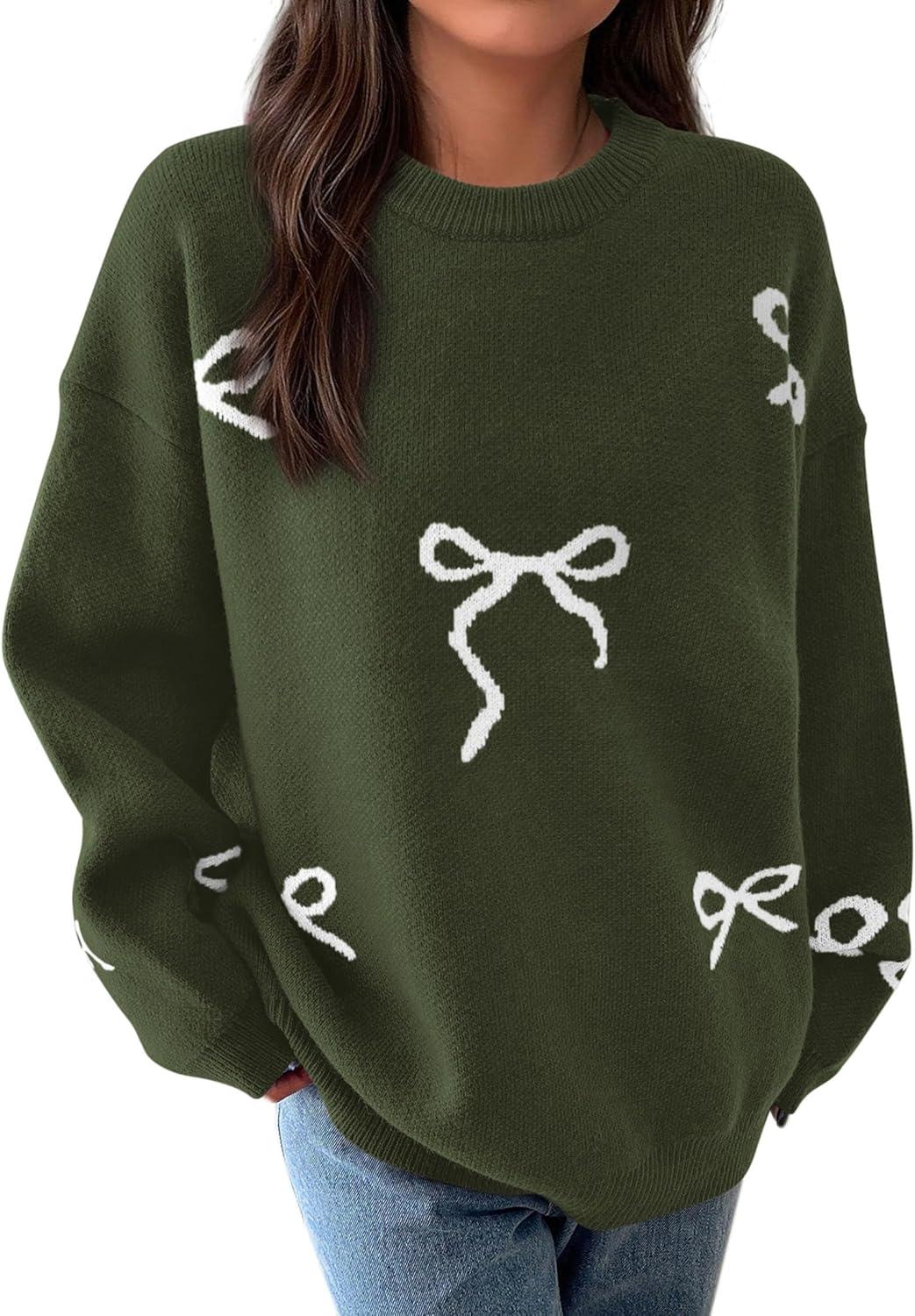 imagePRETTYGARDEN Fall Long Sleeve Pullover Sweaters for Women 2025 Trendy Crewneck Casual Cute Bow Chunky Knit Oversized SweaterArmy Green