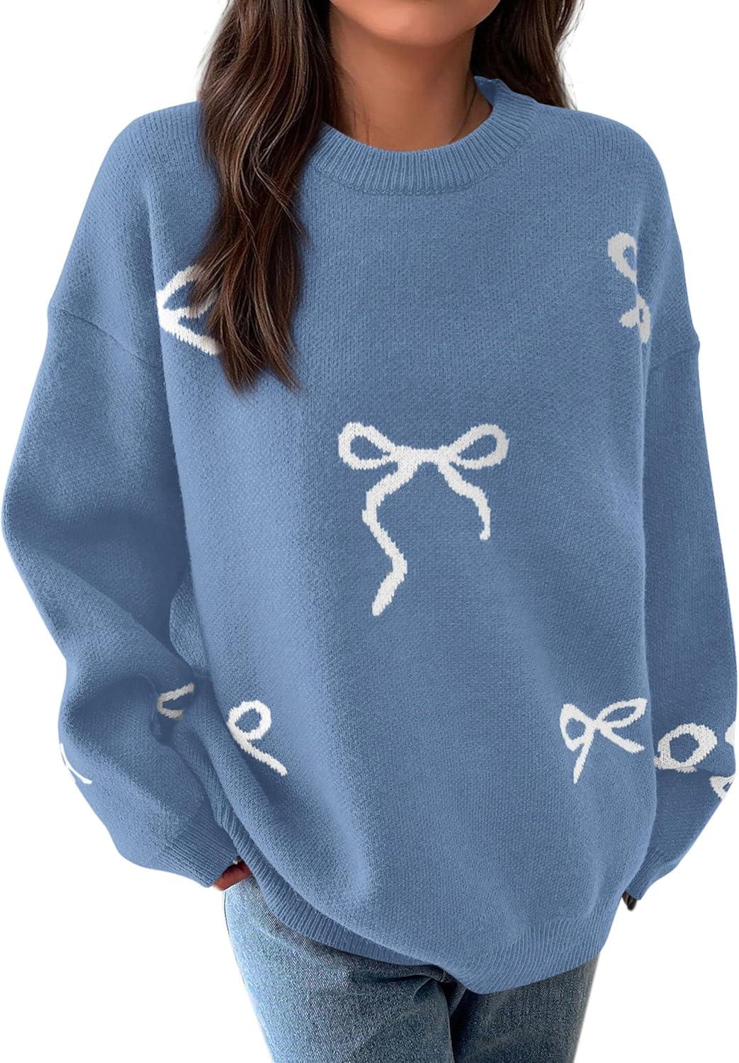 imagePRETTYGARDEN Fall Long Sleeve Pullover Sweaters for Women 2025 Trendy Crewneck Casual Cute Bow Chunky Knit Oversized SweaterBlue Grey