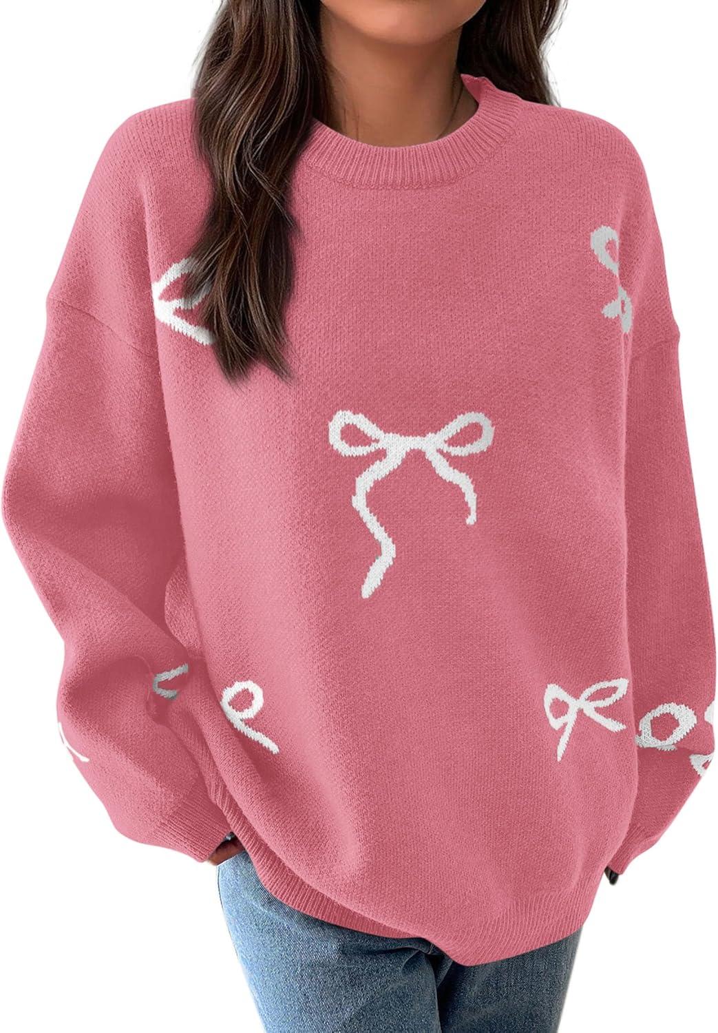 imagePRETTYGARDEN Fall Long Sleeve Pullover Sweaters for Women 2025 Trendy Crewneck Casual Cute Bow Chunky Knit Oversized SweaterDusty Pink