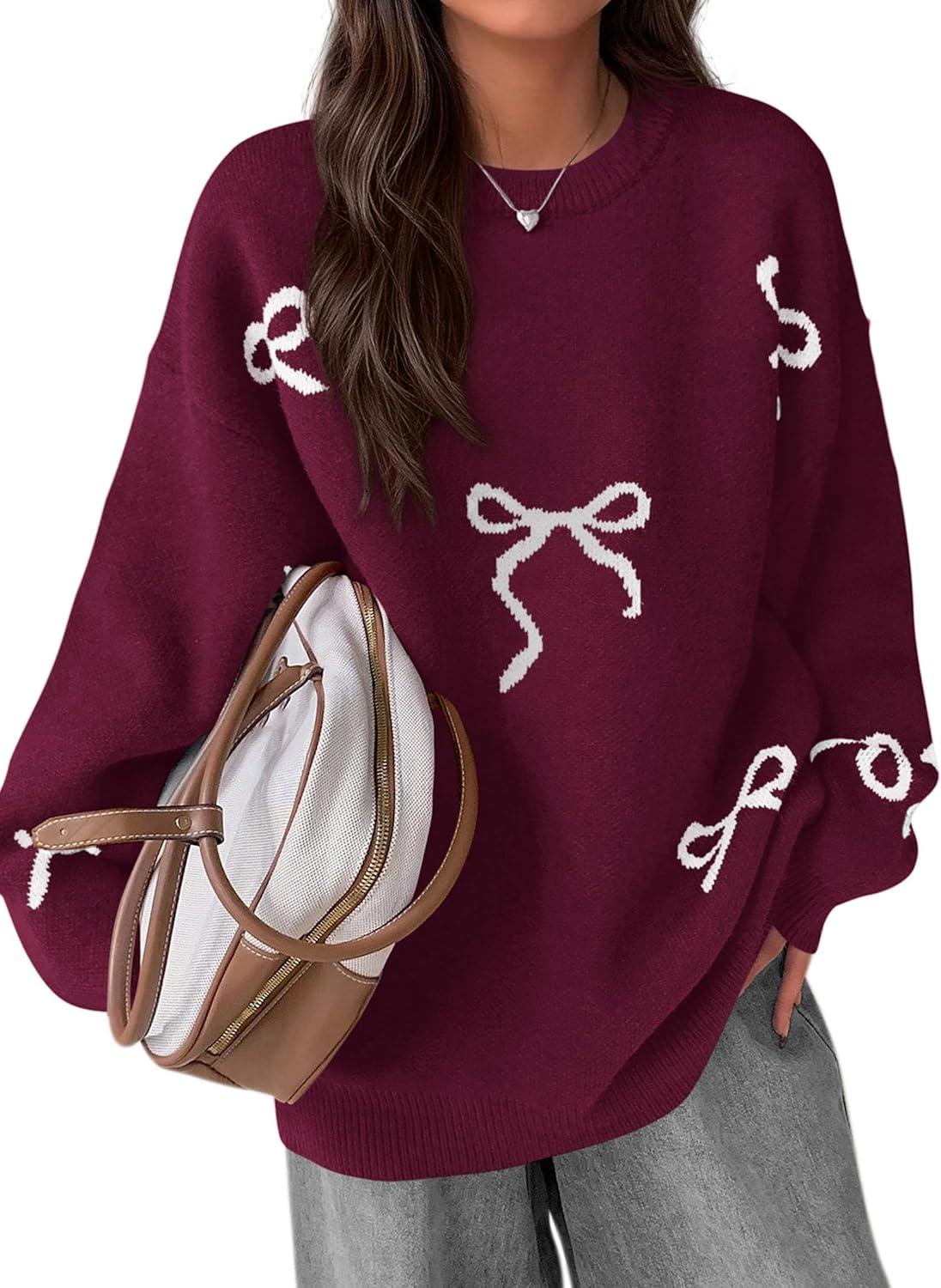 imagePRETTYGARDEN Fall Long Sleeve Pullover Sweaters for Women 2025 Trendy Crewneck Casual Cute Bow Chunky Knit Oversized SweaterWine Red