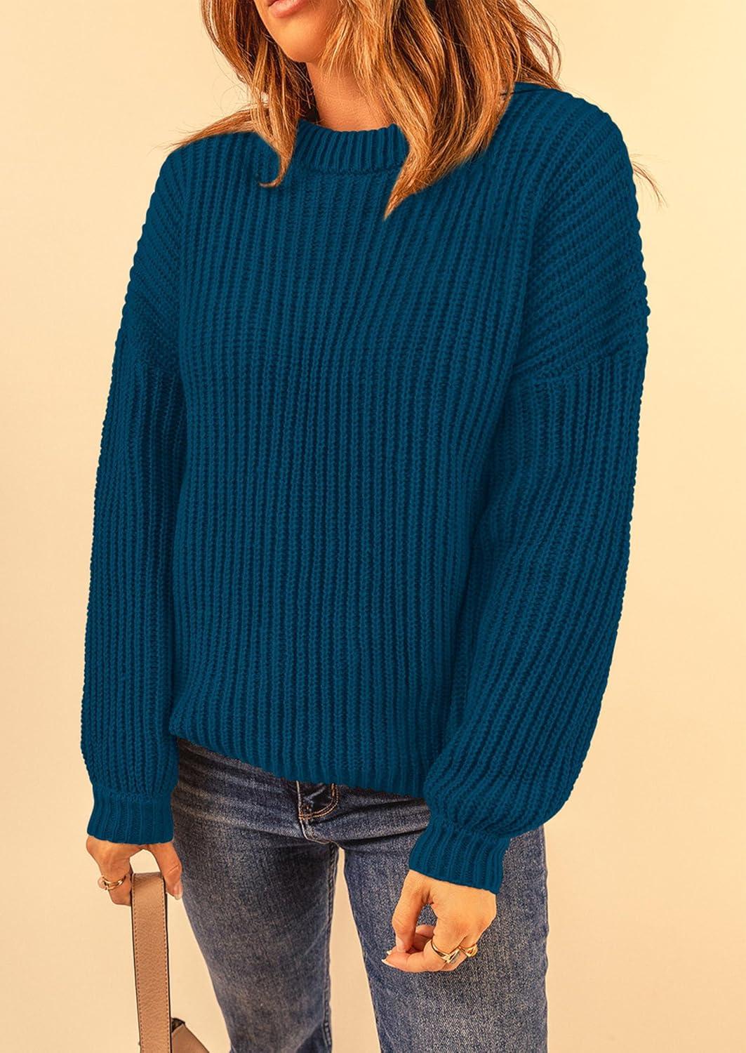 imagePRETTYGARDEN Fall Sweaters for Women 2025 Fashion Long Sleeve Casual Ribbed Knit Winter Clothes Pullover Jumper TopsLake Blue