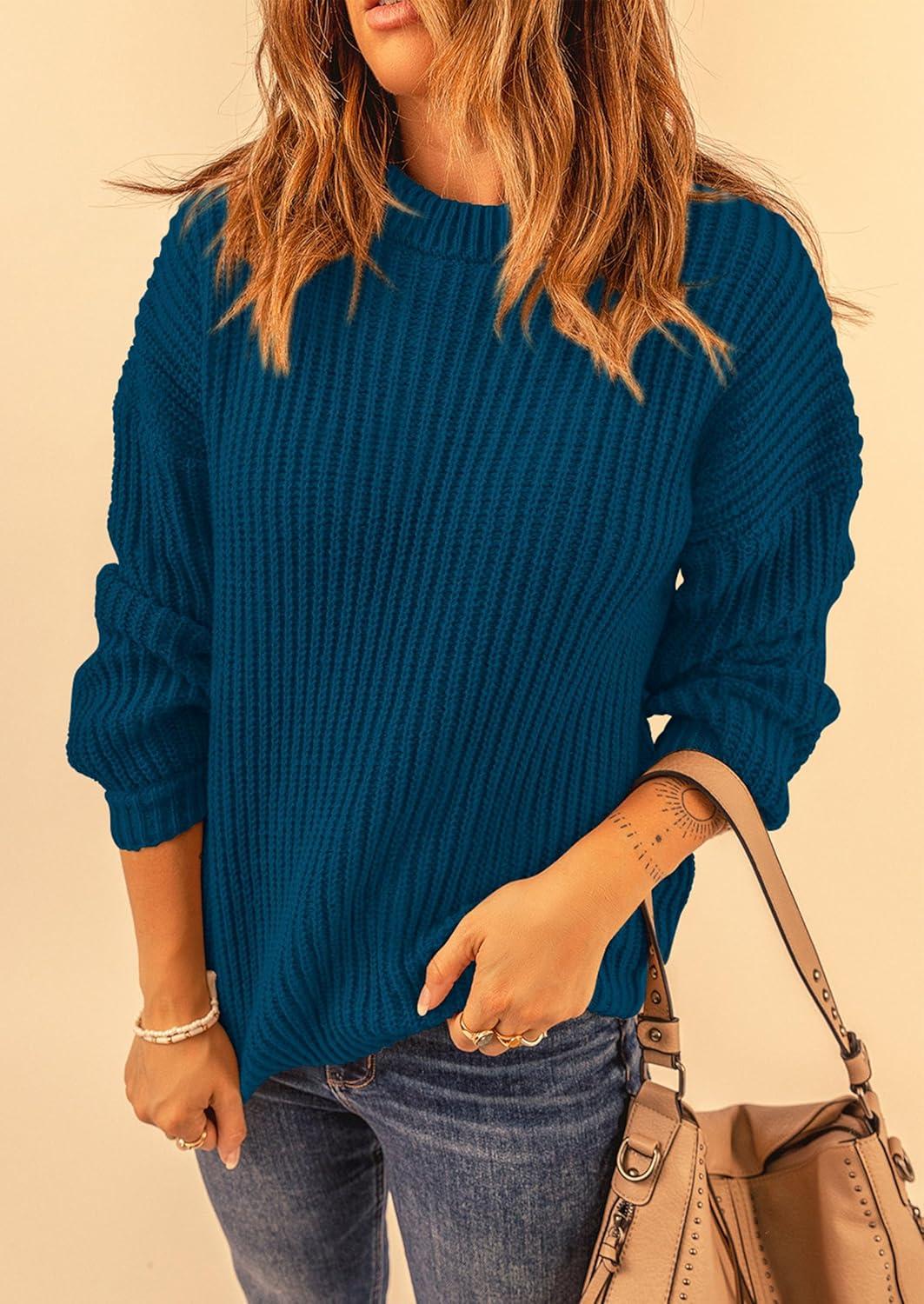 imagePRETTYGARDEN Fall Sweaters for Women 2025 Fashion Long Sleeve Casual Ribbed Knit Winter Clothes Pullover Jumper TopsLake Blue