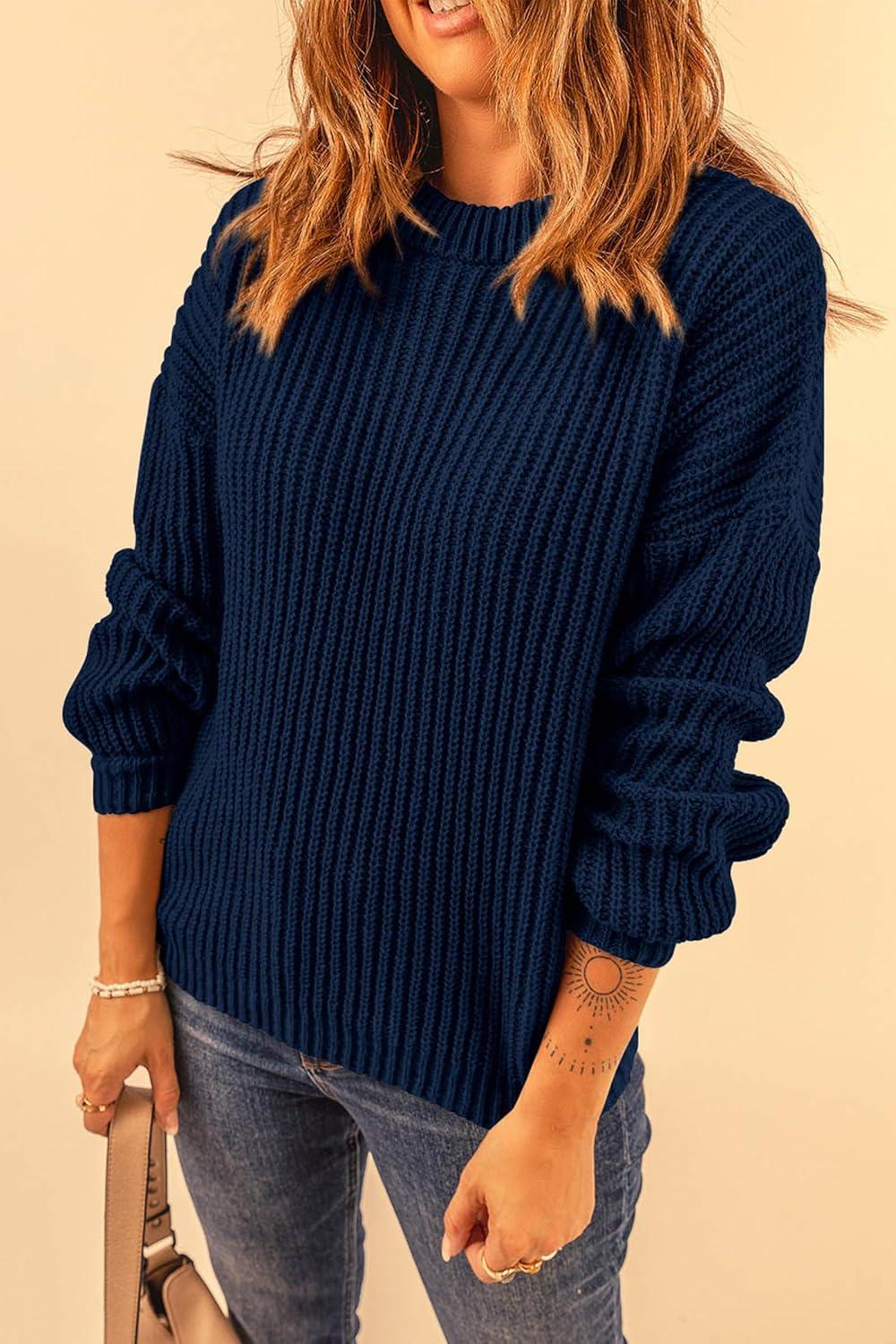 imagePRETTYGARDEN Fall Sweaters for Women 2025 Fashion Long Sleeve Casual Ribbed Knit Winter Clothes Pullover Jumper TopsNavy