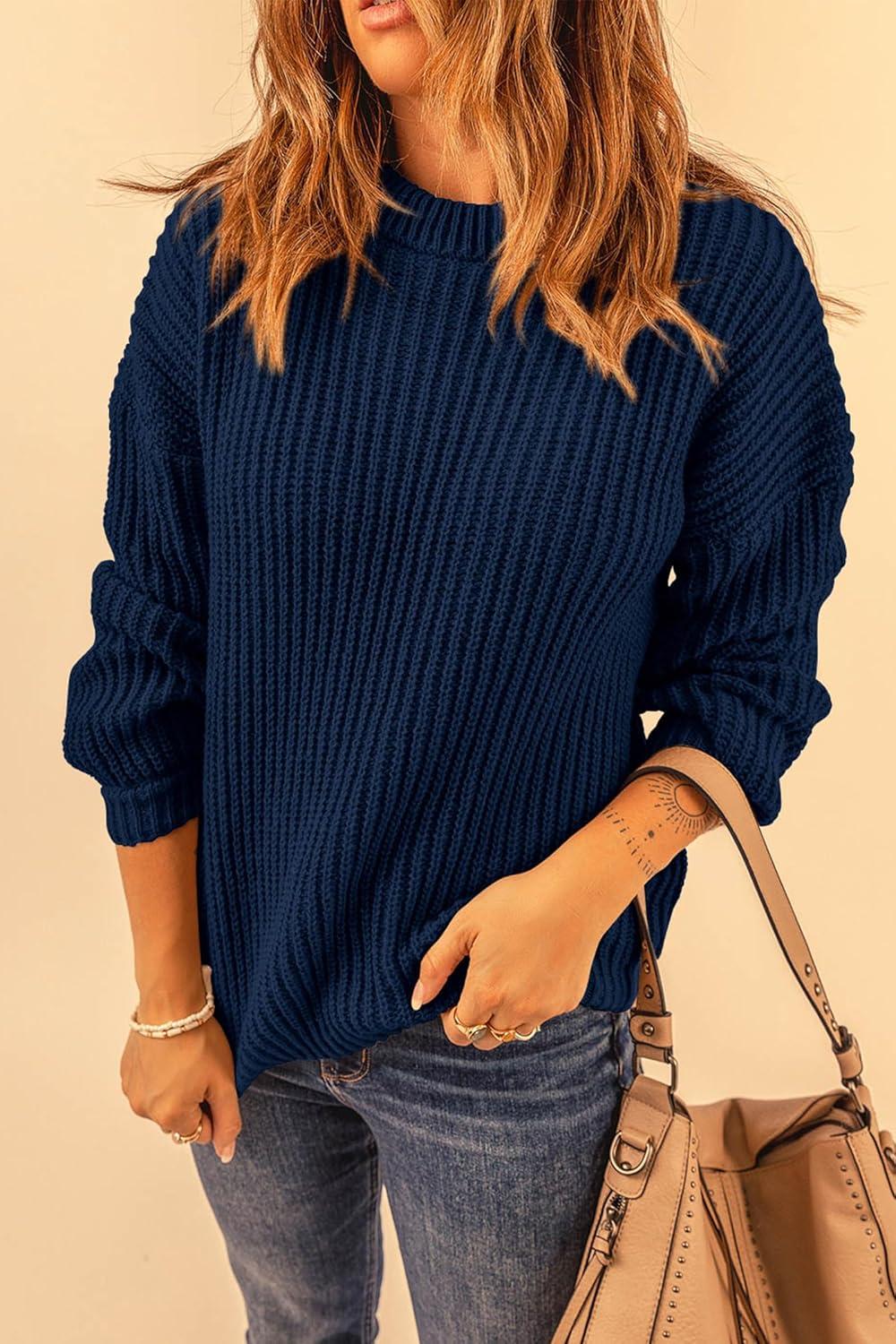 imagePRETTYGARDEN Fall Sweaters for Women 2025 Fashion Long Sleeve Casual Ribbed Knit Winter Clothes Pullover Jumper TopsNavy