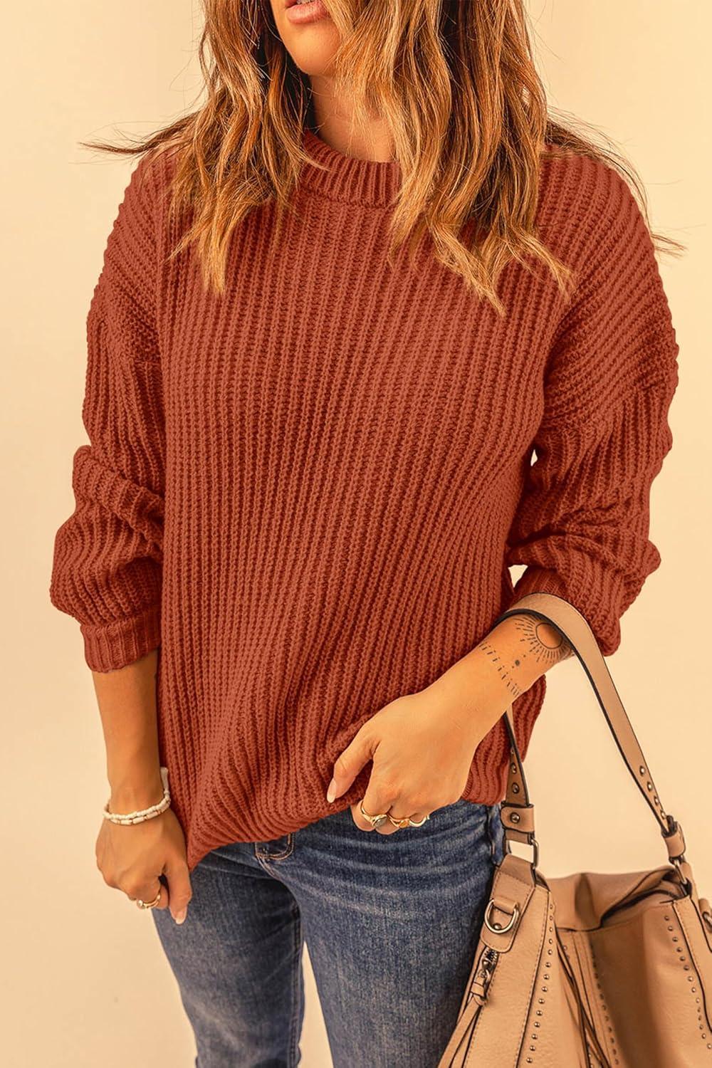 imagePRETTYGARDEN Fall Sweaters for Women 2025 Fashion Long Sleeve Casual Ribbed Knit Winter Clothes Pullover Jumper TopsRust Red