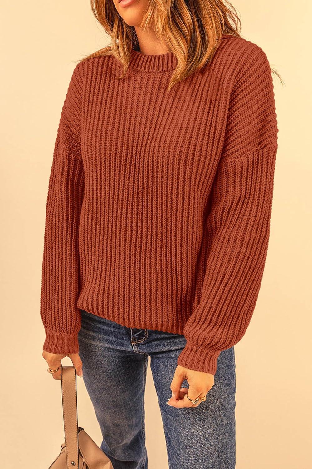 imagePRETTYGARDEN Fall Sweaters for Women 2025 Fashion Long Sleeve Casual Ribbed Knit Winter Clothes Pullover Jumper TopsRust Red