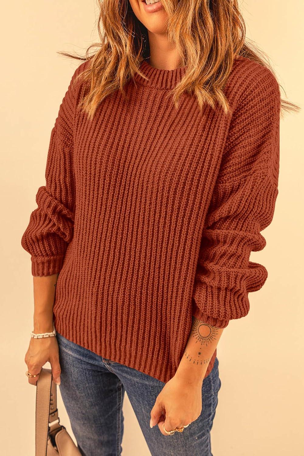 imagePRETTYGARDEN Fall Sweaters for Women 2025 Fashion Long Sleeve Casual Ribbed Knit Winter Clothes Pullover Jumper TopsRust Red