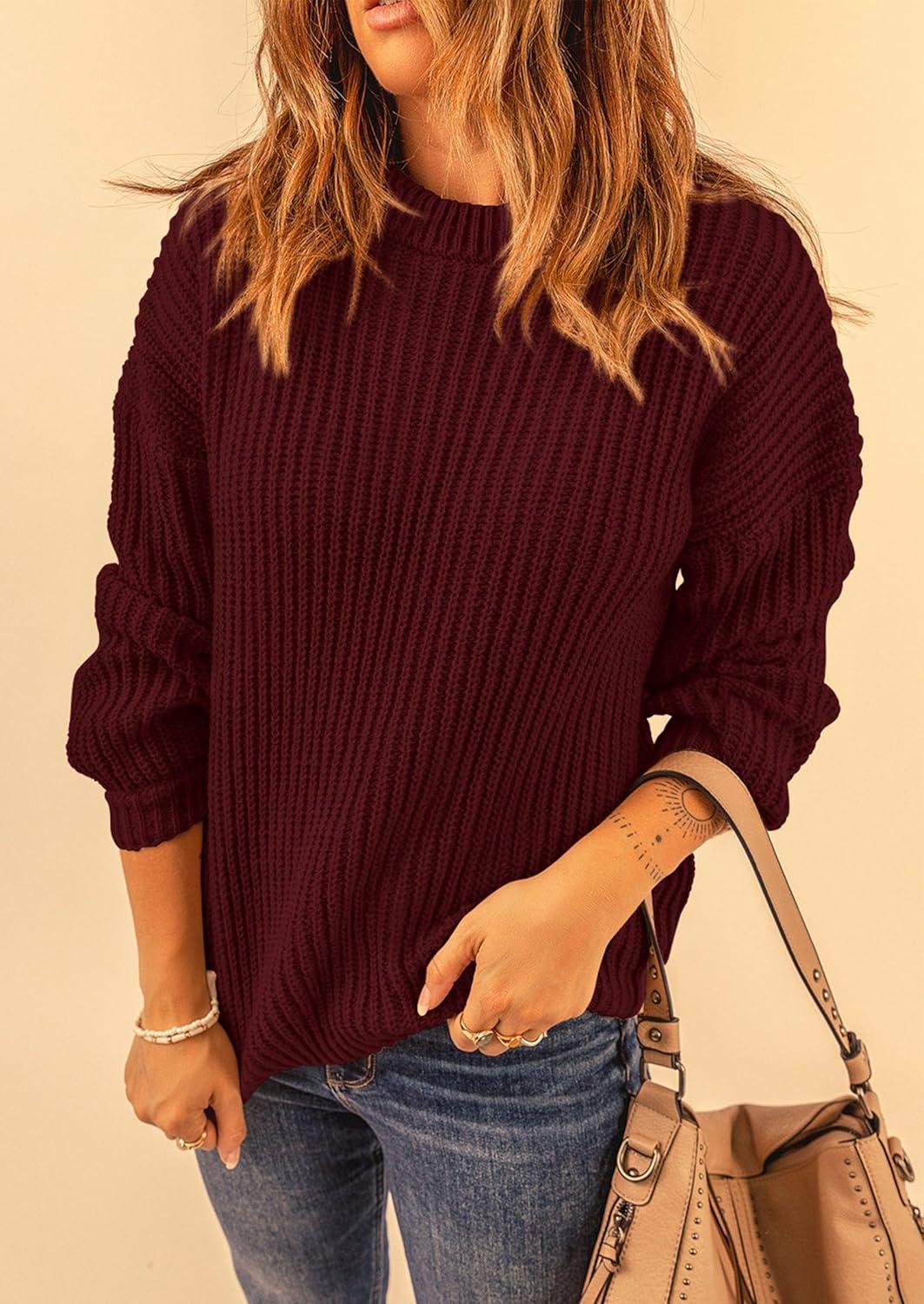 imagePRETTYGARDEN Fall Sweaters for Women 2025 Fashion Long Sleeve Casual Ribbed Knit Winter Clothes Pullover Jumper TopsWine Red