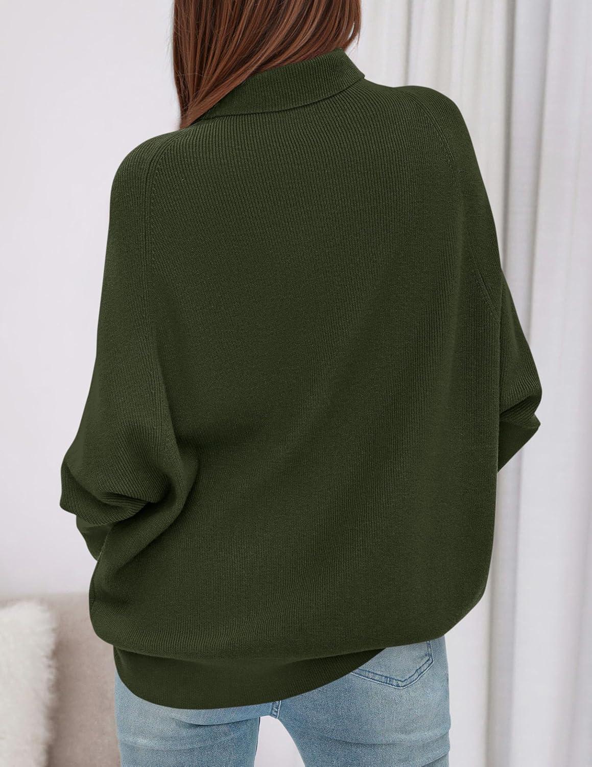 imagePRETTYGARDEN Fall Sweaters for Women 2025 Winter Clothing Batwing Long Sleeve Casual Tops Loose Knit Turtleneck SweaterArmy Green