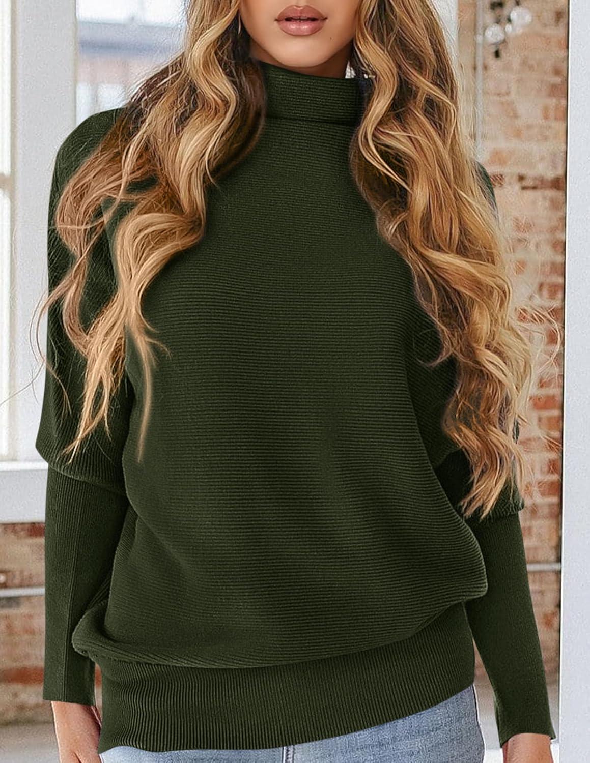 imagePRETTYGARDEN Fall Sweaters for Women 2025 Winter Clothing Batwing Long Sleeve Casual Tops Loose Knit Turtleneck SweaterArmy Green