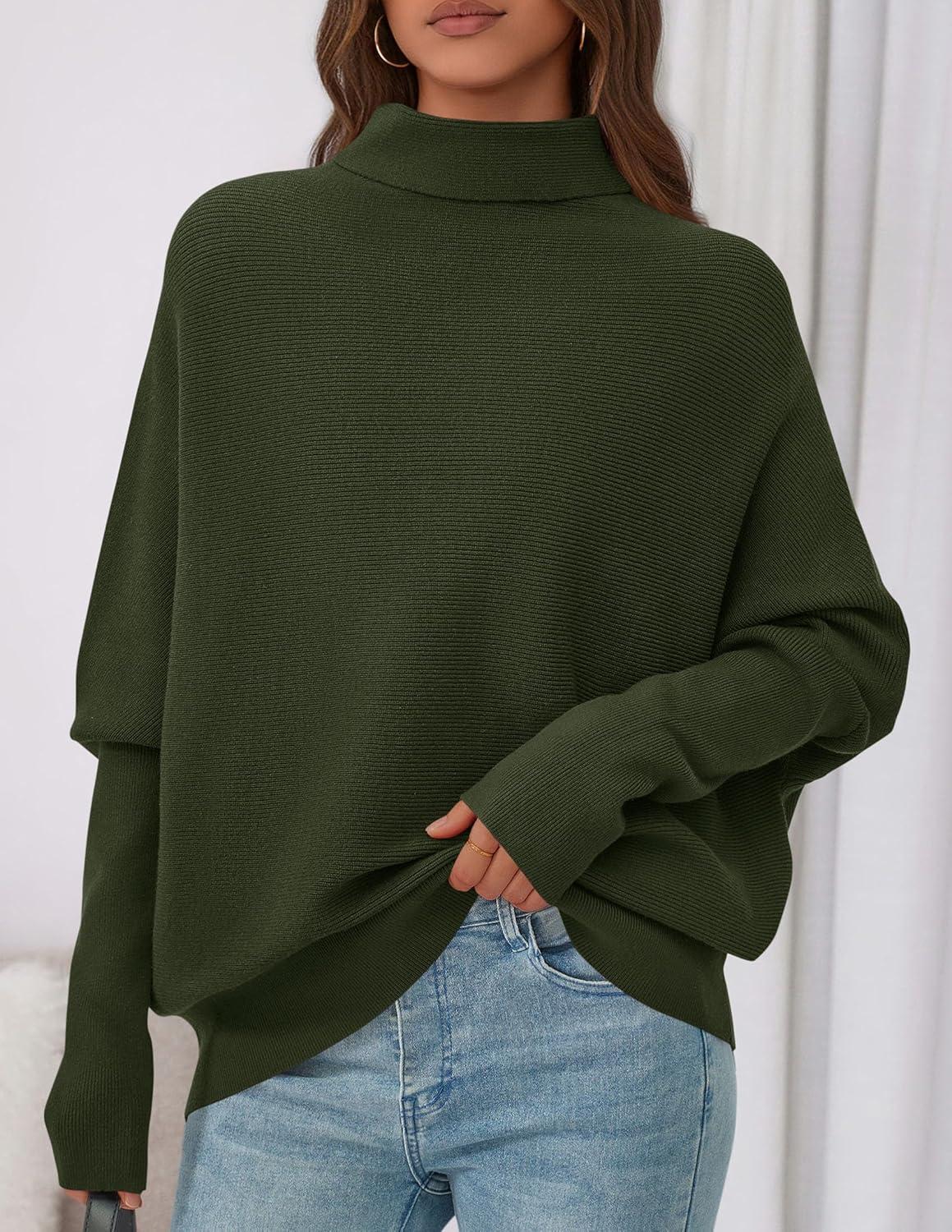 imagePRETTYGARDEN Fall Sweaters for Women 2025 Winter Clothing Batwing Long Sleeve Casual Tops Loose Knit Turtleneck SweaterArmy Green
