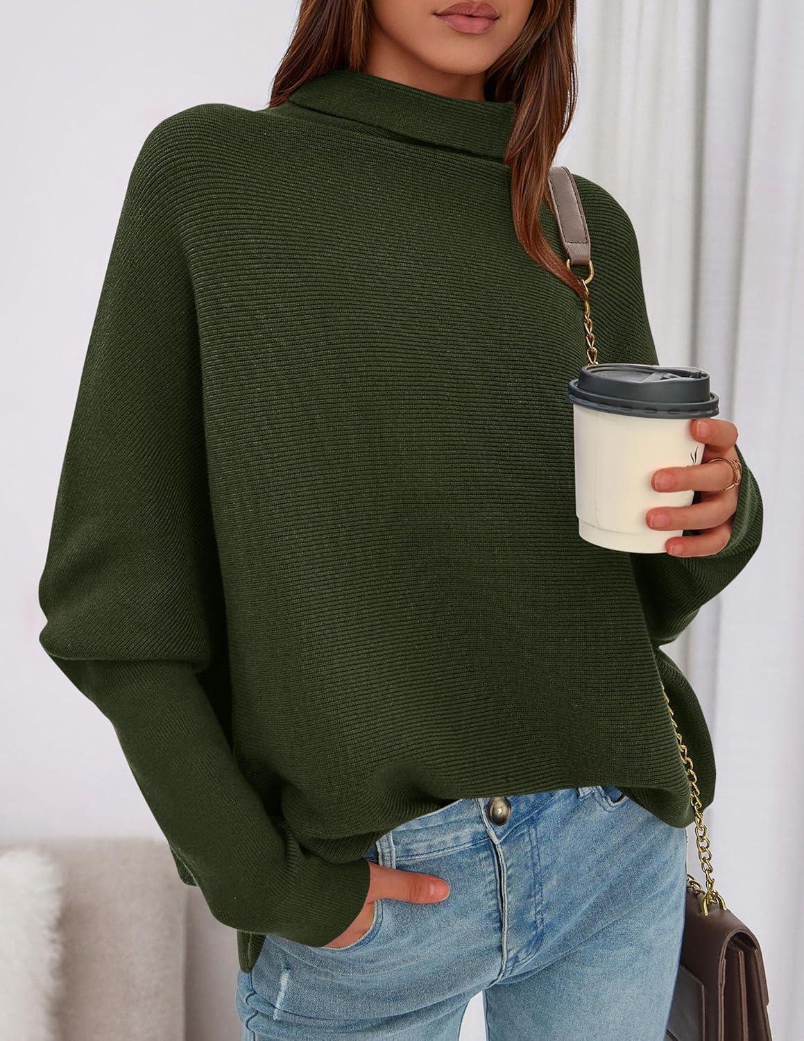 imagePRETTYGARDEN Fall Sweaters for Women 2025 Winter Clothing Batwing Long Sleeve Casual Tops Loose Knit Turtleneck SweaterArmy Green