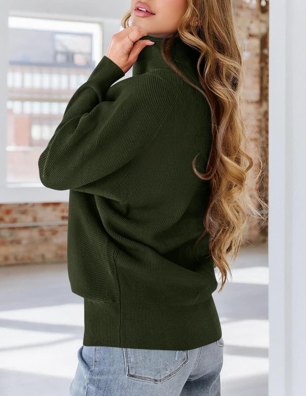 imagePRETTYGARDEN Fall Sweaters for Women 2025 Winter Clothing Batwing Long Sleeve Casual Tops Loose Knit Turtleneck SweaterArmy Green