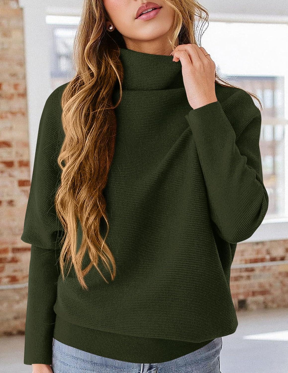 imagePRETTYGARDEN Fall Sweaters for Women 2025 Winter Clothing Batwing Long Sleeve Casual Tops Loose Knit Turtleneck SweaterArmy Green