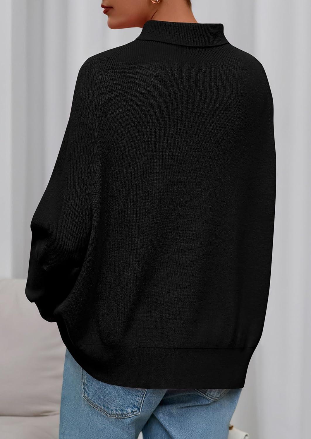 imagePRETTYGARDEN Fall Sweaters for Women 2025 Winter Clothing Batwing Long Sleeve Casual Tops Loose Knit Turtleneck SweaterBlack