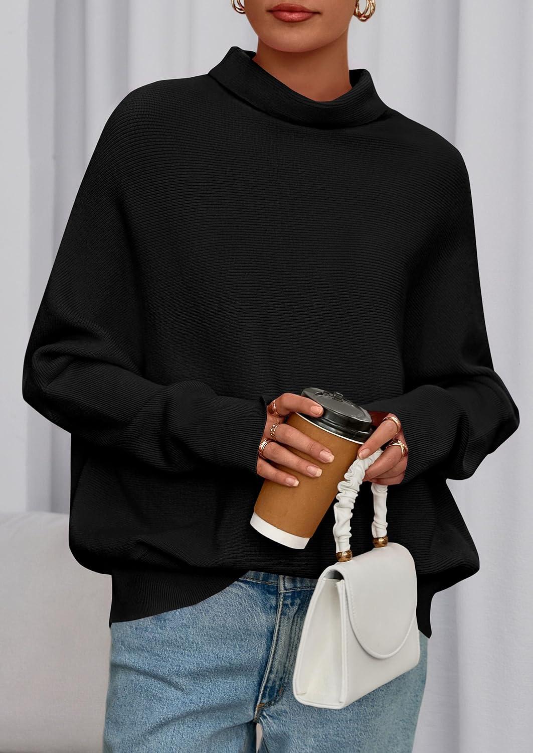 imagePRETTYGARDEN Fall Sweaters for Women 2025 Winter Clothing Batwing Long Sleeve Casual Tops Loose Knit Turtleneck SweaterBlack