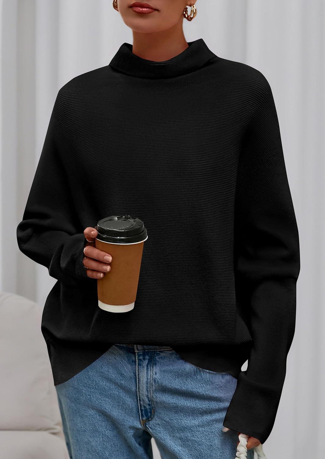 imagePRETTYGARDEN Fall Sweaters for Women 2025 Winter Clothing Batwing Long Sleeve Casual Tops Loose Knit Turtleneck SweaterBlack