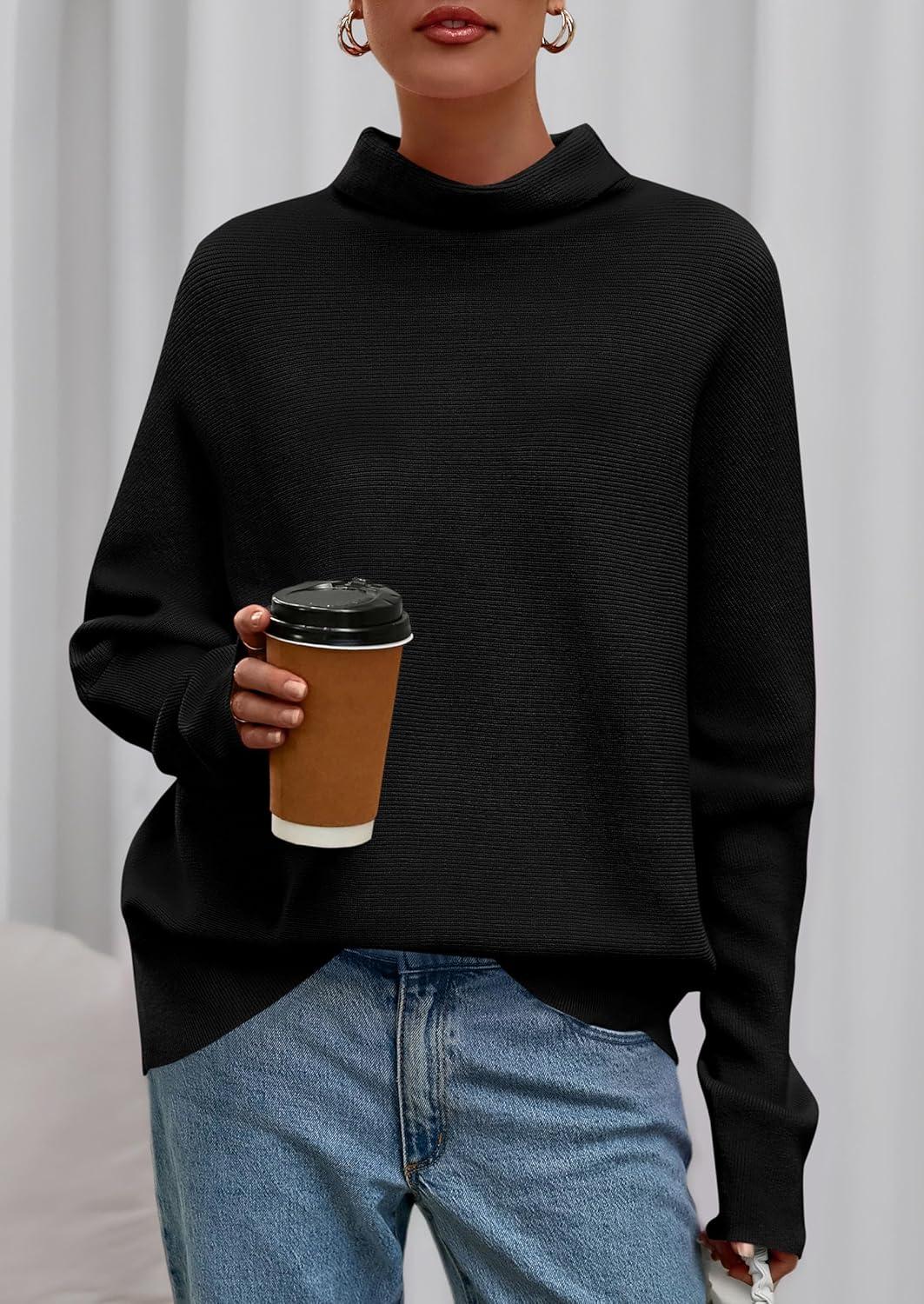 imagePRETTYGARDEN Fall Sweaters for Women 2025 Winter Clothing Batwing Long Sleeve Casual Tops Loose Knit Turtleneck SweaterBlack