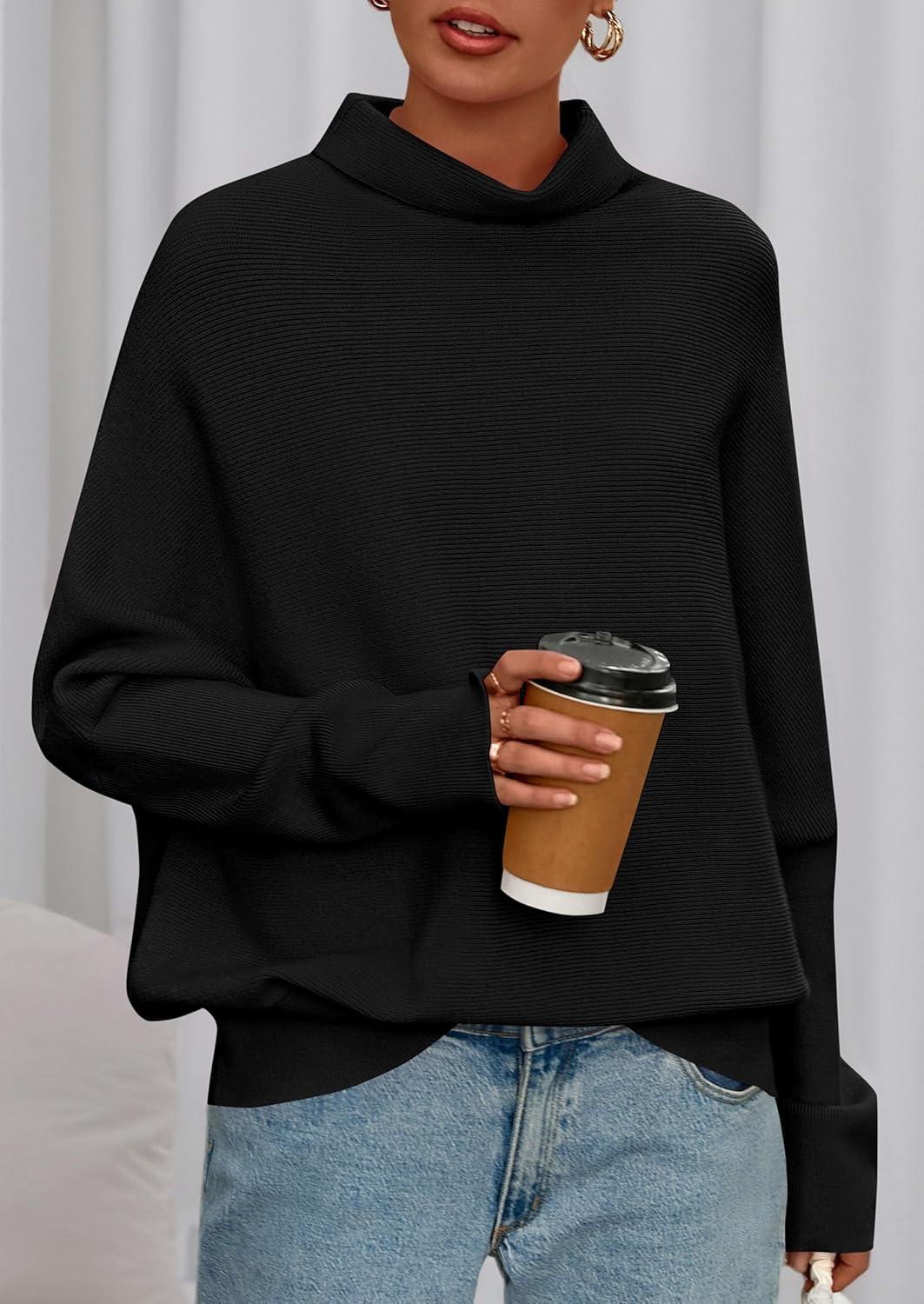 imagePRETTYGARDEN Fall Sweaters for Women 2025 Winter Clothing Batwing Long Sleeve Casual Tops Loose Knit Turtleneck SweaterBlack