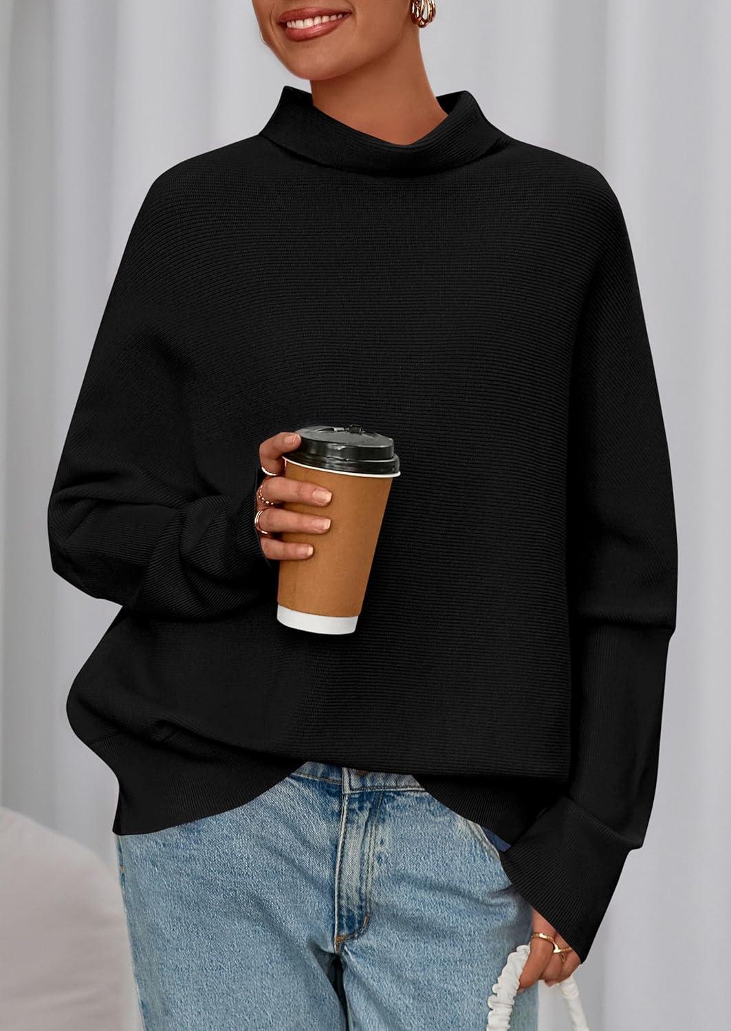 imagePRETTYGARDEN Fall Sweaters for Women 2025 Winter Clothing Batwing Long Sleeve Casual Tops Loose Knit Turtleneck SweaterBlack