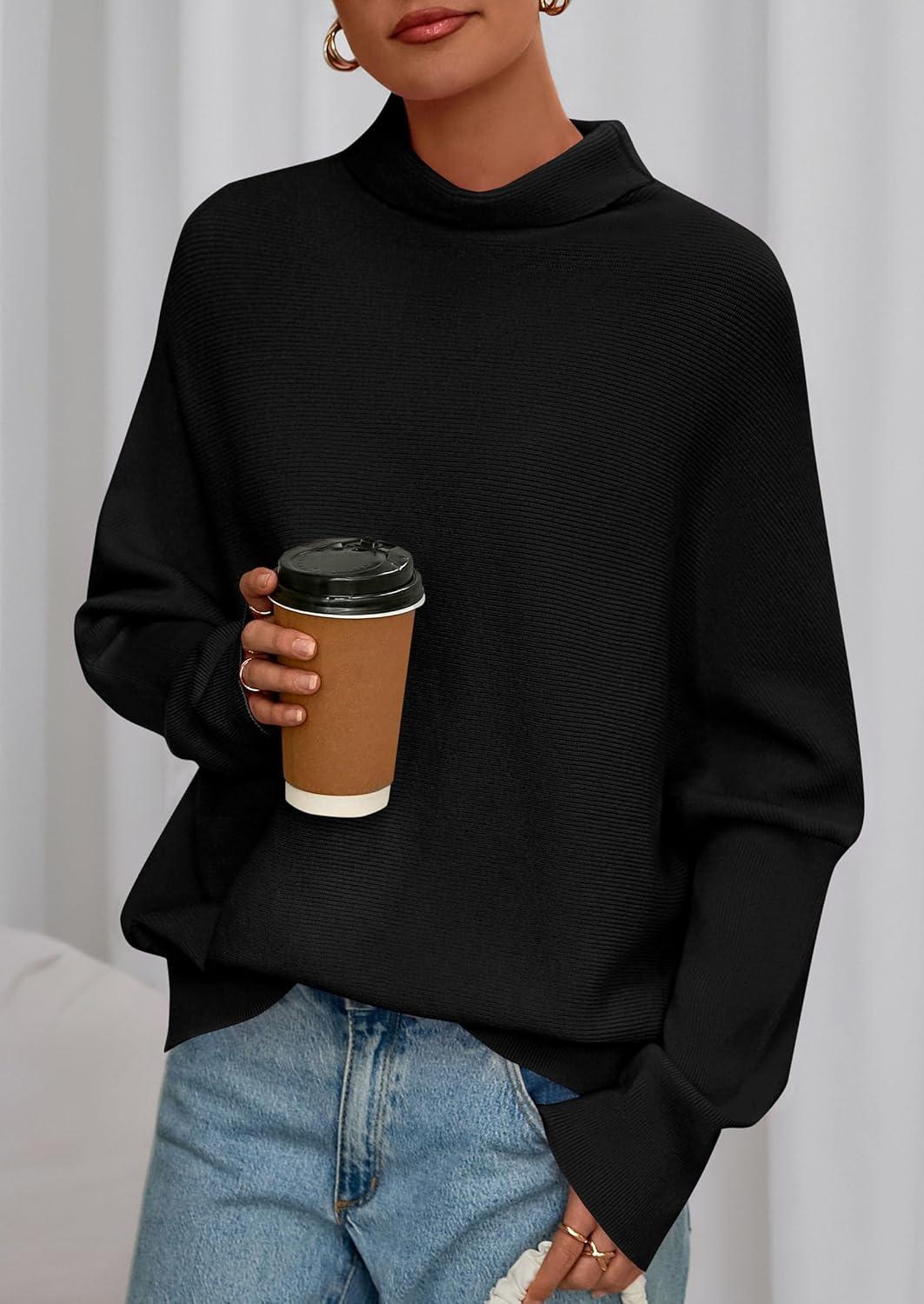 imagePRETTYGARDEN Fall Sweaters for Women 2025 Winter Clothing Batwing Long Sleeve Casual Tops Loose Knit Turtleneck SweaterBlack