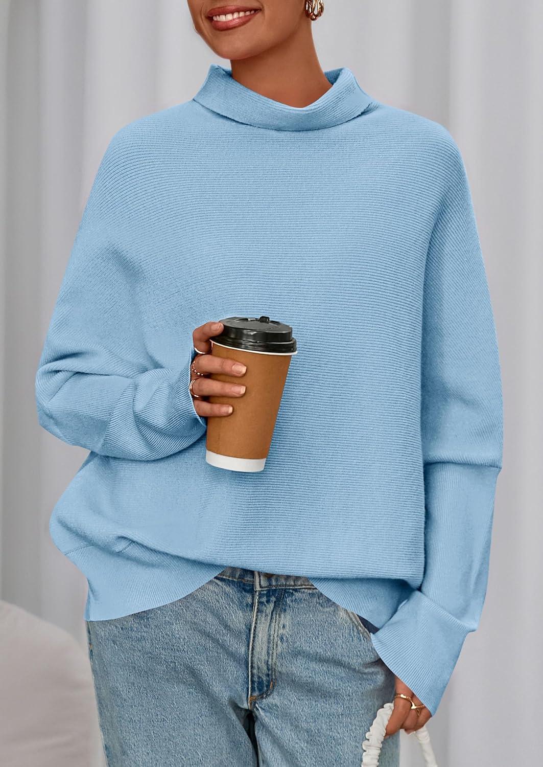 imagePRETTYGARDEN Fall Sweaters for Women 2025 Winter Clothing Batwing Long Sleeve Casual Tops Loose Knit Turtleneck SweaterBlue