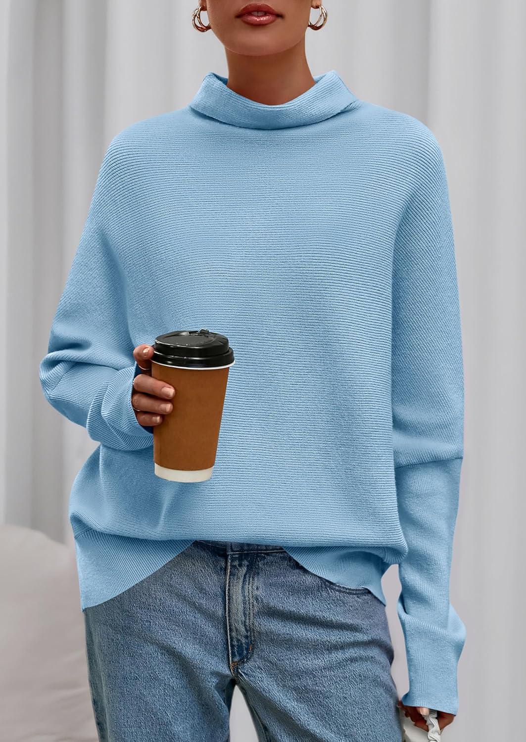 imagePRETTYGARDEN Fall Sweaters for Women 2025 Winter Clothing Batwing Long Sleeve Casual Tops Loose Knit Turtleneck SweaterBlue
