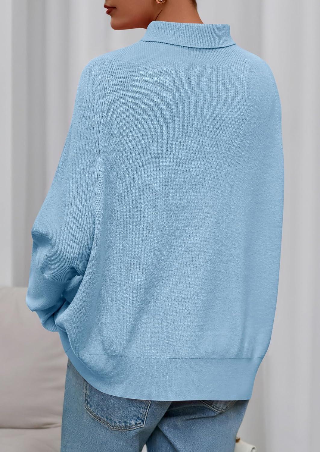 imagePRETTYGARDEN Fall Sweaters for Women 2025 Winter Clothing Batwing Long Sleeve Casual Tops Loose Knit Turtleneck SweaterBlue