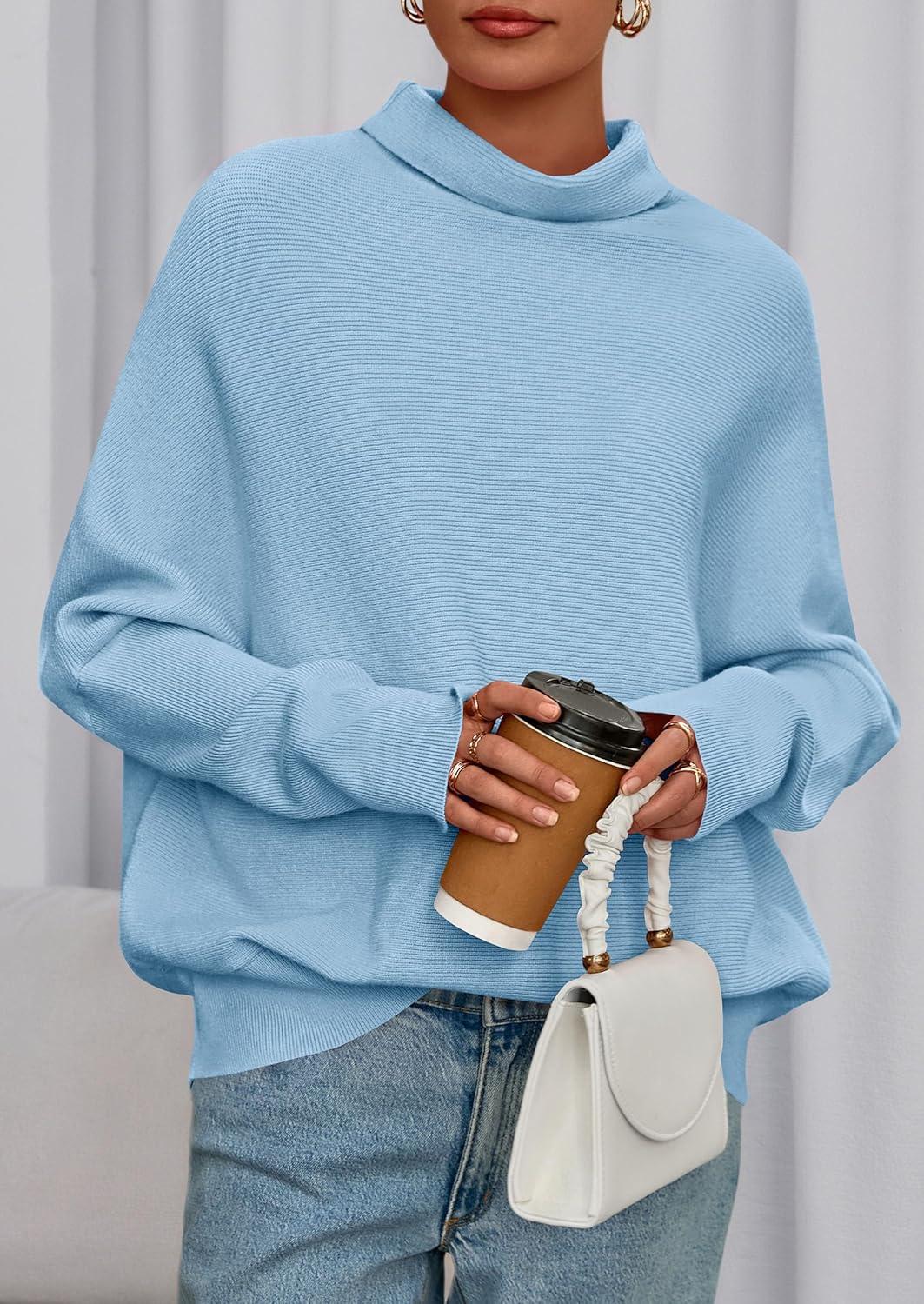 imagePRETTYGARDEN Fall Sweaters for Women 2025 Winter Clothing Batwing Long Sleeve Casual Tops Loose Knit Turtleneck SweaterBlue