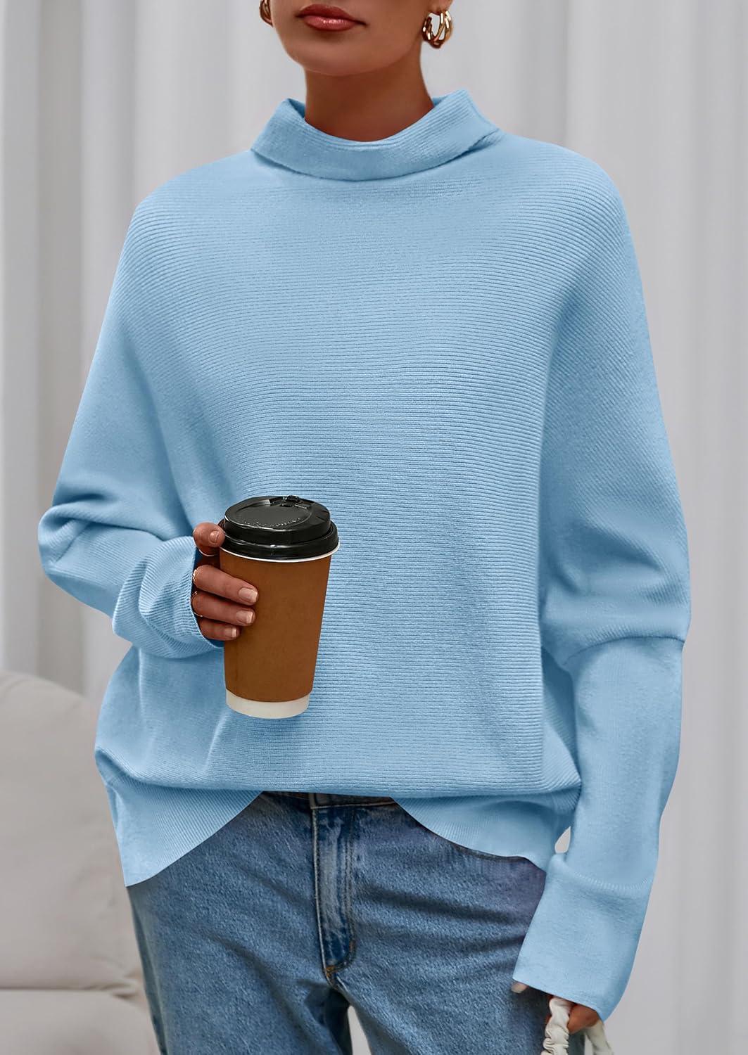 imagePRETTYGARDEN Fall Sweaters for Women 2025 Winter Clothing Batwing Long Sleeve Casual Tops Loose Knit Turtleneck SweaterBlue