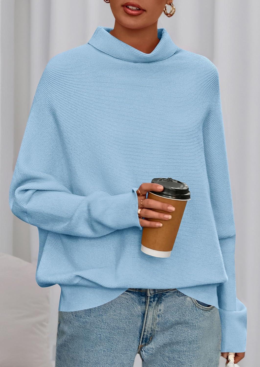 imagePRETTYGARDEN Fall Sweaters for Women 2025 Winter Clothing Batwing Long Sleeve Casual Tops Loose Knit Turtleneck SweaterBlue