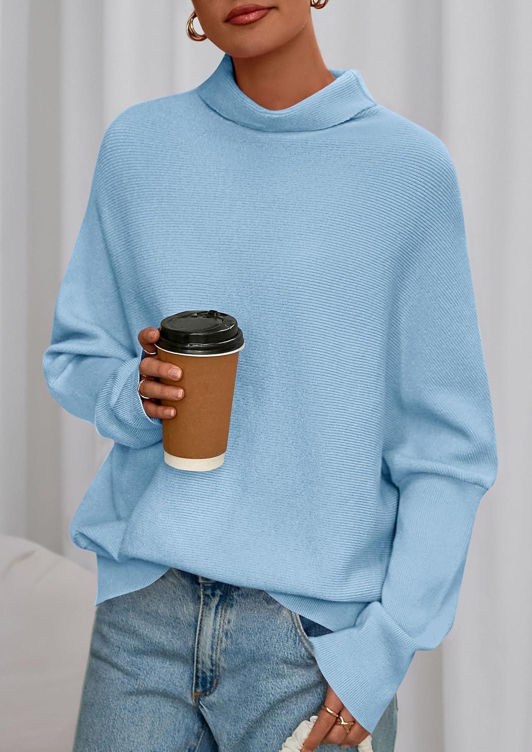 imagePRETTYGARDEN Fall Sweaters for Women 2025 Winter Clothing Batwing Long Sleeve Casual Tops Loose Knit Turtleneck SweaterBlue