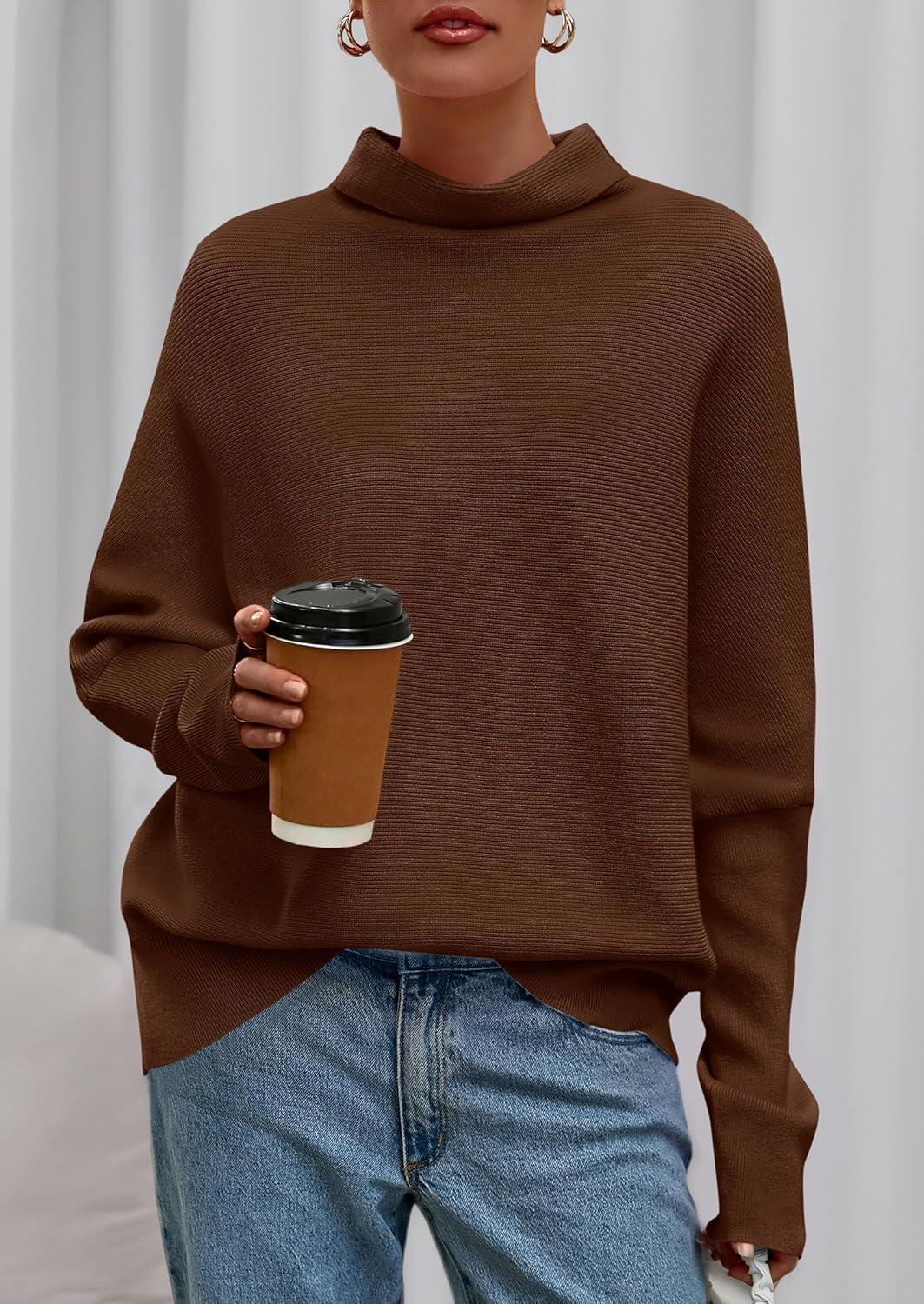 imagePRETTYGARDEN Fall Sweaters for Women 2025 Winter Clothing Batwing Long Sleeve Casual Tops Loose Knit Turtleneck SweaterBrown