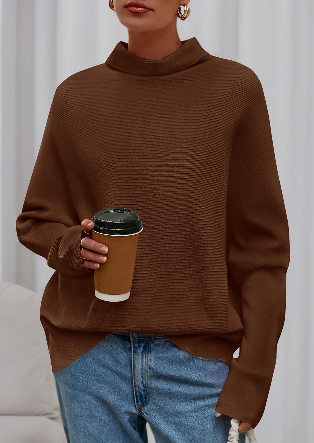imagePRETTYGARDEN Fall Sweaters for Women 2025 Winter Clothing Batwing Long Sleeve Casual Tops Loose Knit Turtleneck SweaterBrown