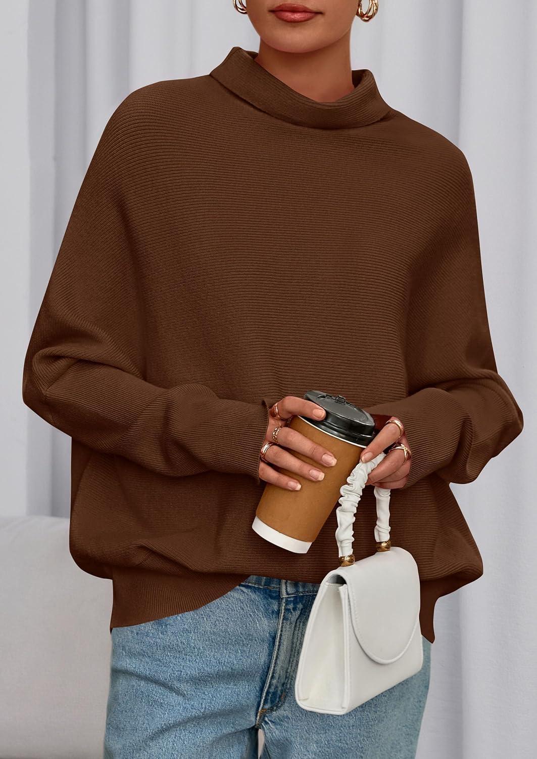imagePRETTYGARDEN Fall Sweaters for Women 2025 Winter Clothing Batwing Long Sleeve Casual Tops Loose Knit Turtleneck SweaterBrown