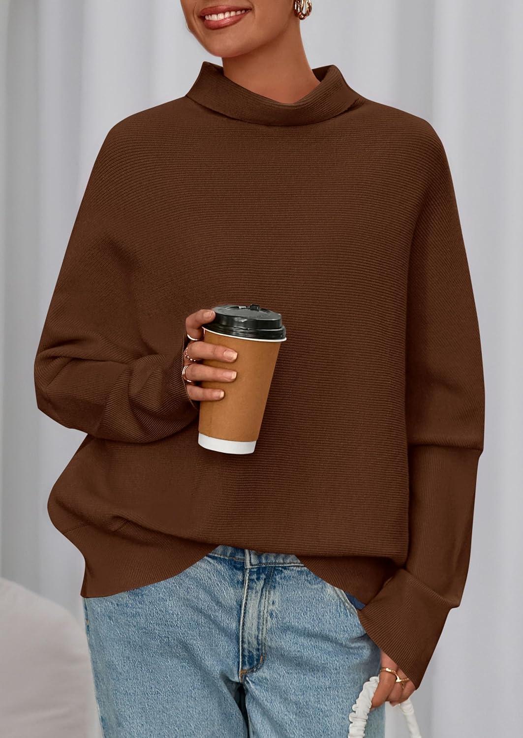 imagePRETTYGARDEN Fall Sweaters for Women 2025 Winter Clothing Batwing Long Sleeve Casual Tops Loose Knit Turtleneck SweaterBrown