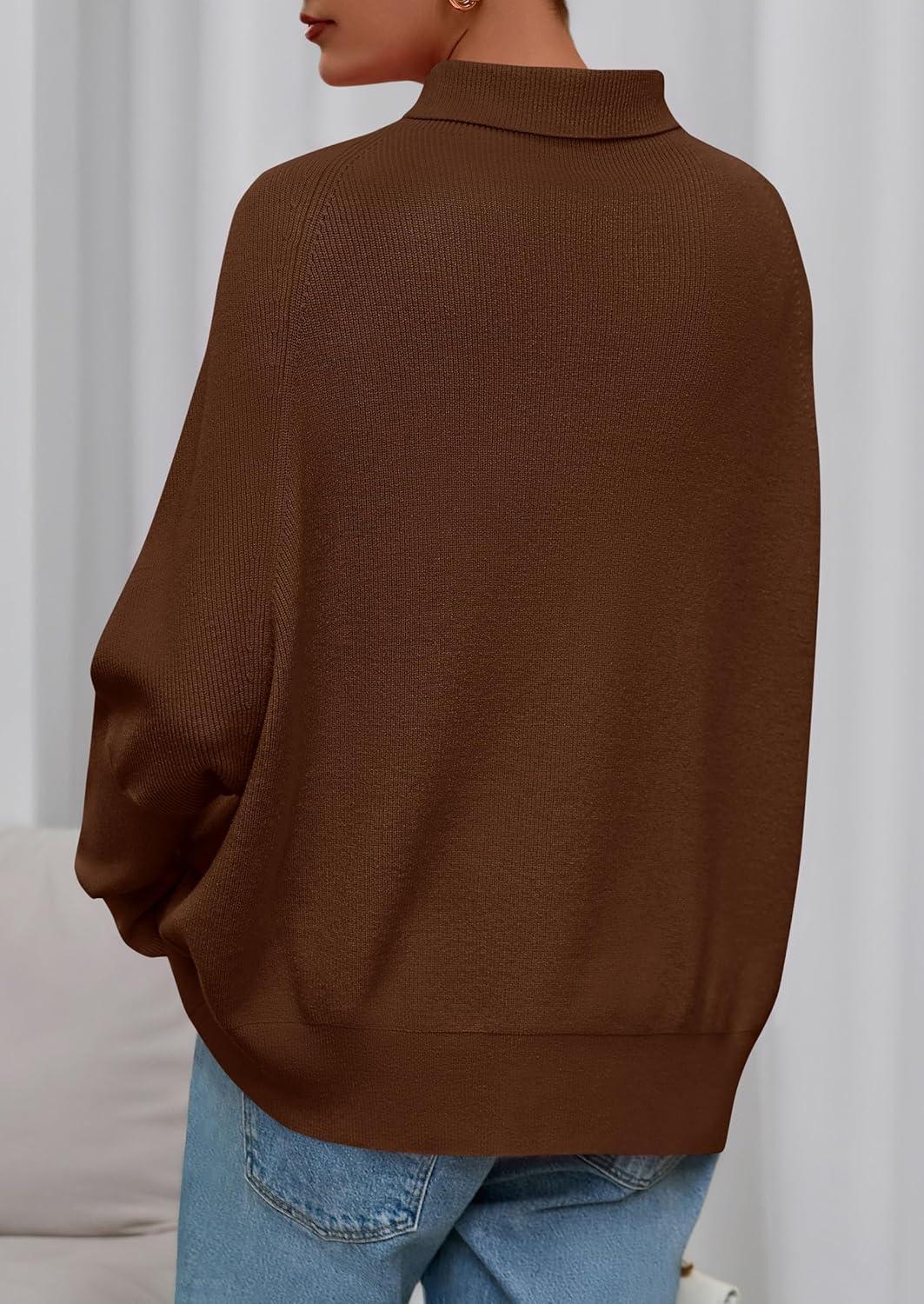 imagePRETTYGARDEN Fall Sweaters for Women 2025 Winter Clothing Batwing Long Sleeve Casual Tops Loose Knit Turtleneck SweaterBrown