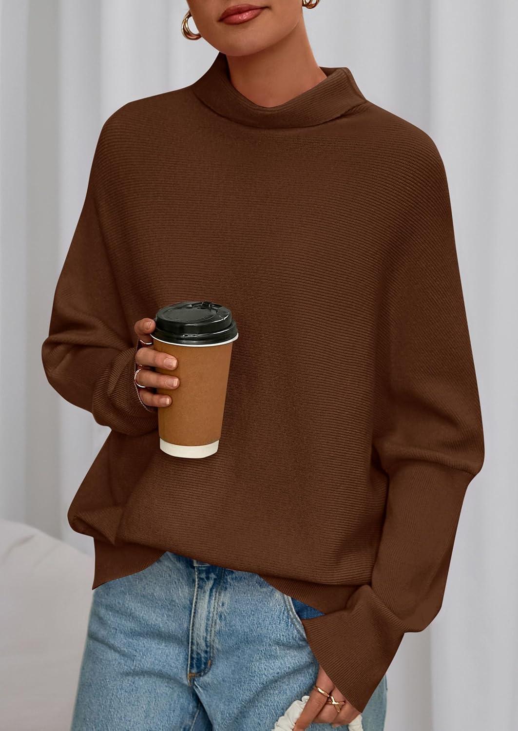 imagePRETTYGARDEN Fall Sweaters for Women 2025 Winter Clothing Batwing Long Sleeve Casual Tops Loose Knit Turtleneck SweaterBrown