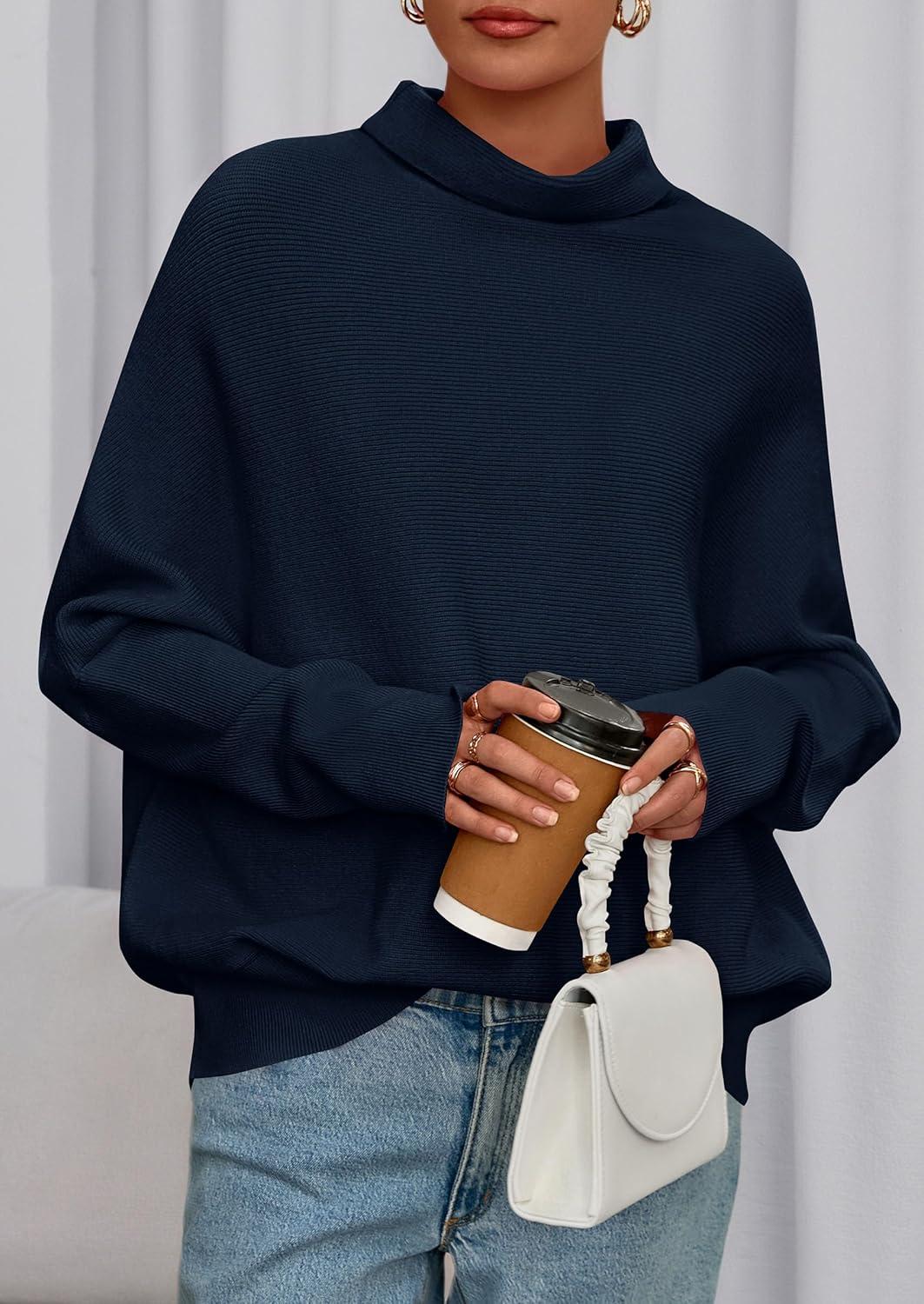 imagePRETTYGARDEN Fall Sweaters for Women 2025 Winter Clothing Batwing Long Sleeve Casual Tops Loose Knit Turtleneck SweaterNavy